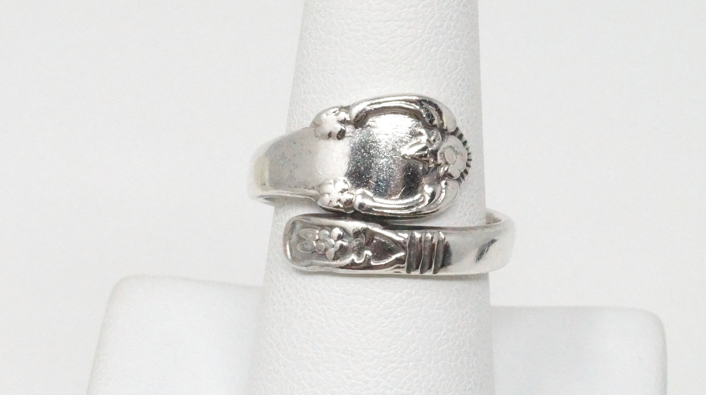 Antique Art Deco Flower Floral Sterling Silver Wrap Spoon Ring - Size 8.5