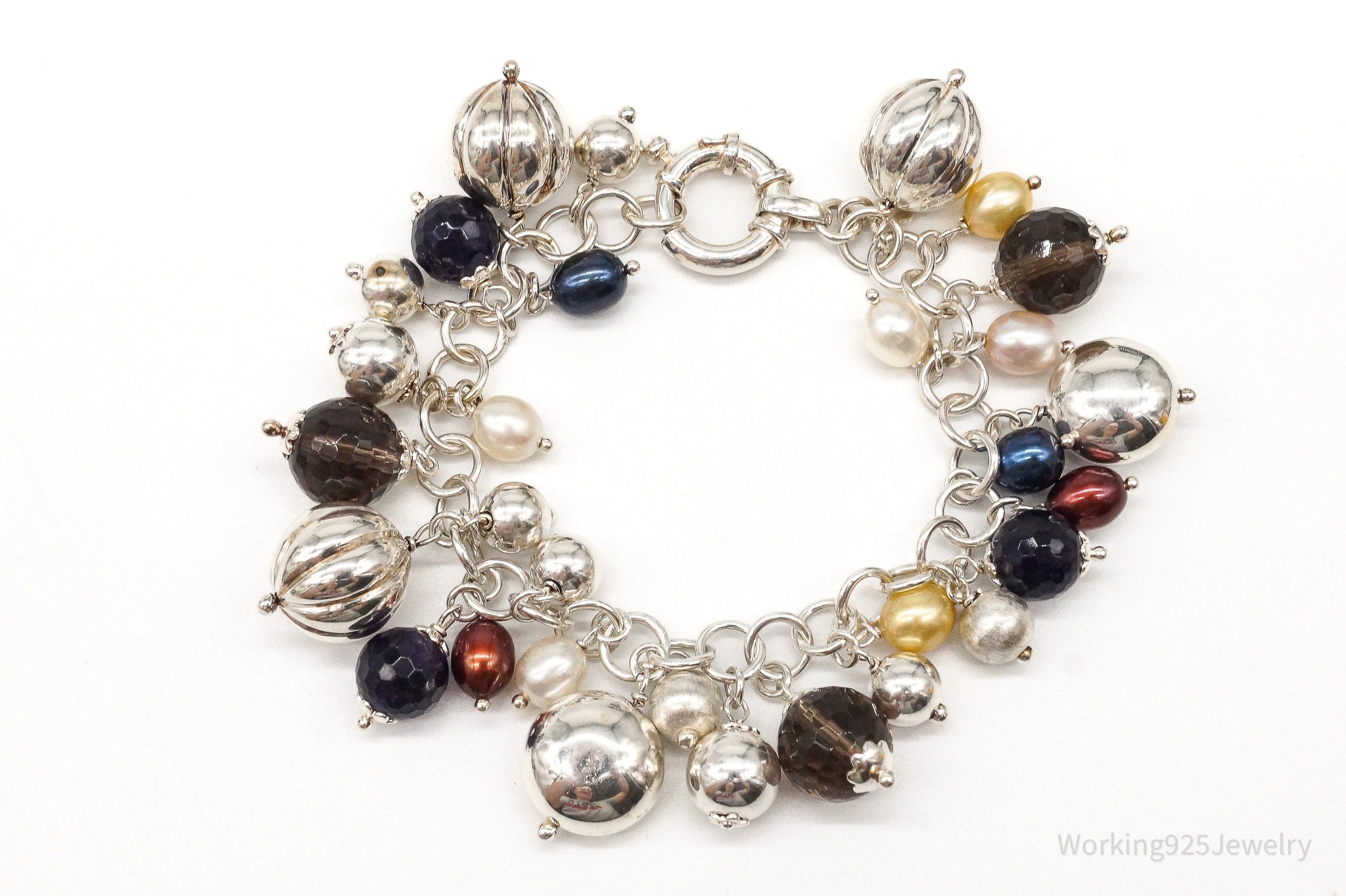 Vintage Italian Pearl Smoky Topaz Amethyst Sterling Silver Charm Bracelet
