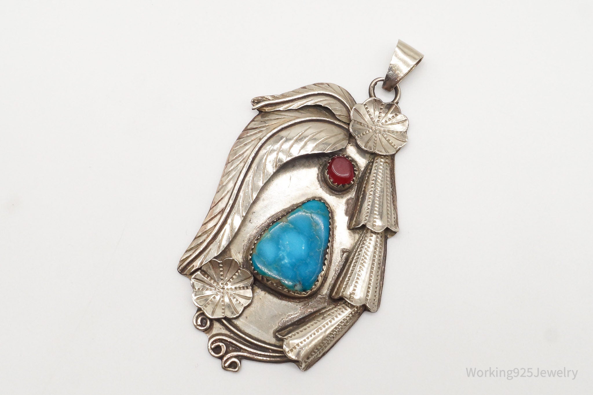 Large Vintage Native American Turquoise Carnelian Sterling Silver Pendant