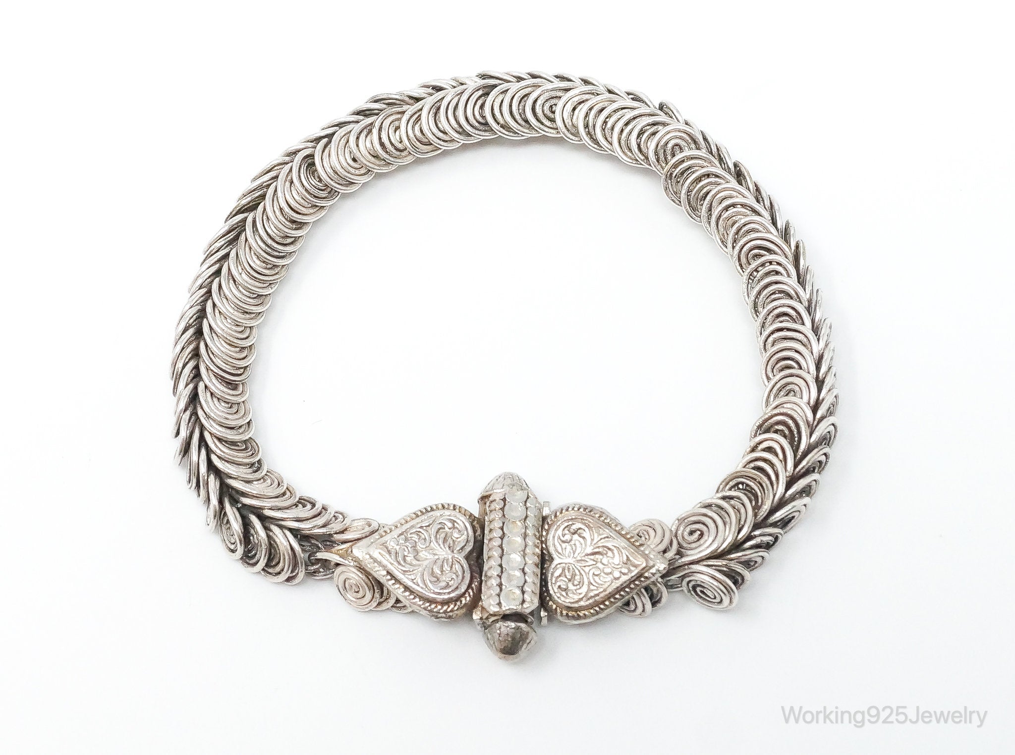 Antique Two Hearts Lovers Silver Screw Clasp Bracelet