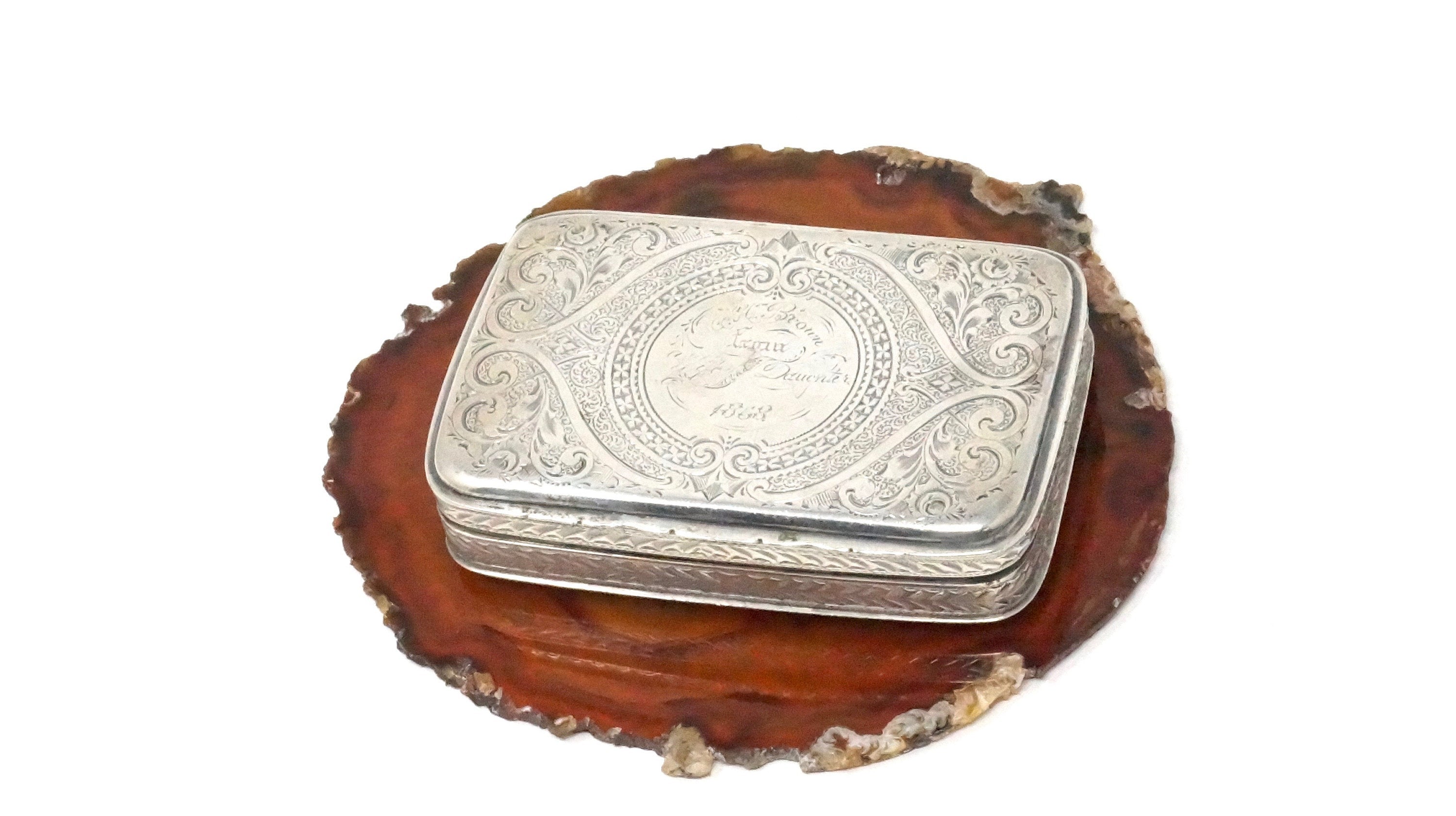 19th Century 1868 Victorian Art Nouveau Ornate Snuff Box Sterling Silver