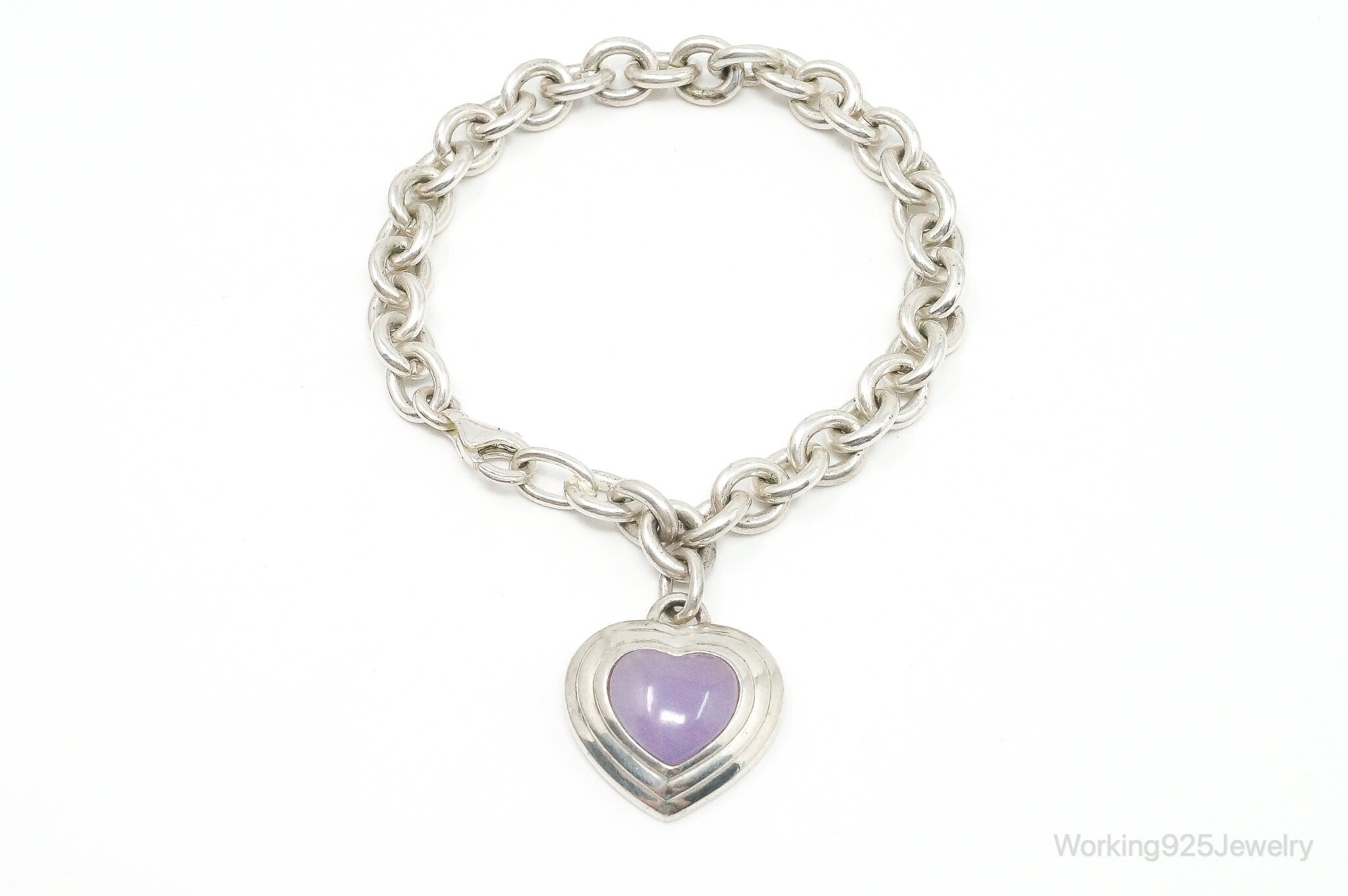 Designer CNA Lavender Jade Heart Chain Link Sterling Silver Bracelet