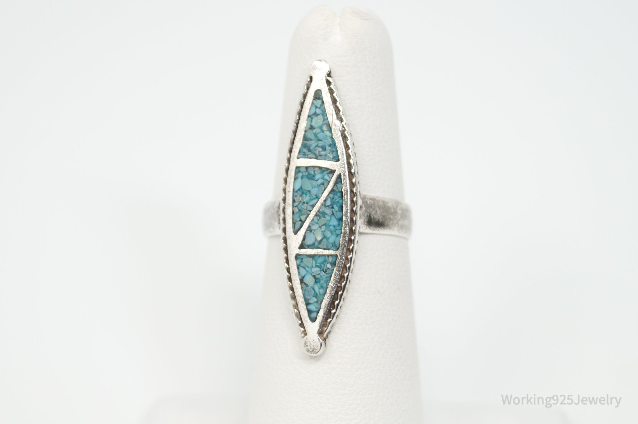 Vtg Native American Crushed Turquoise Unsigned Sterling Silver Ring - Sz 5
