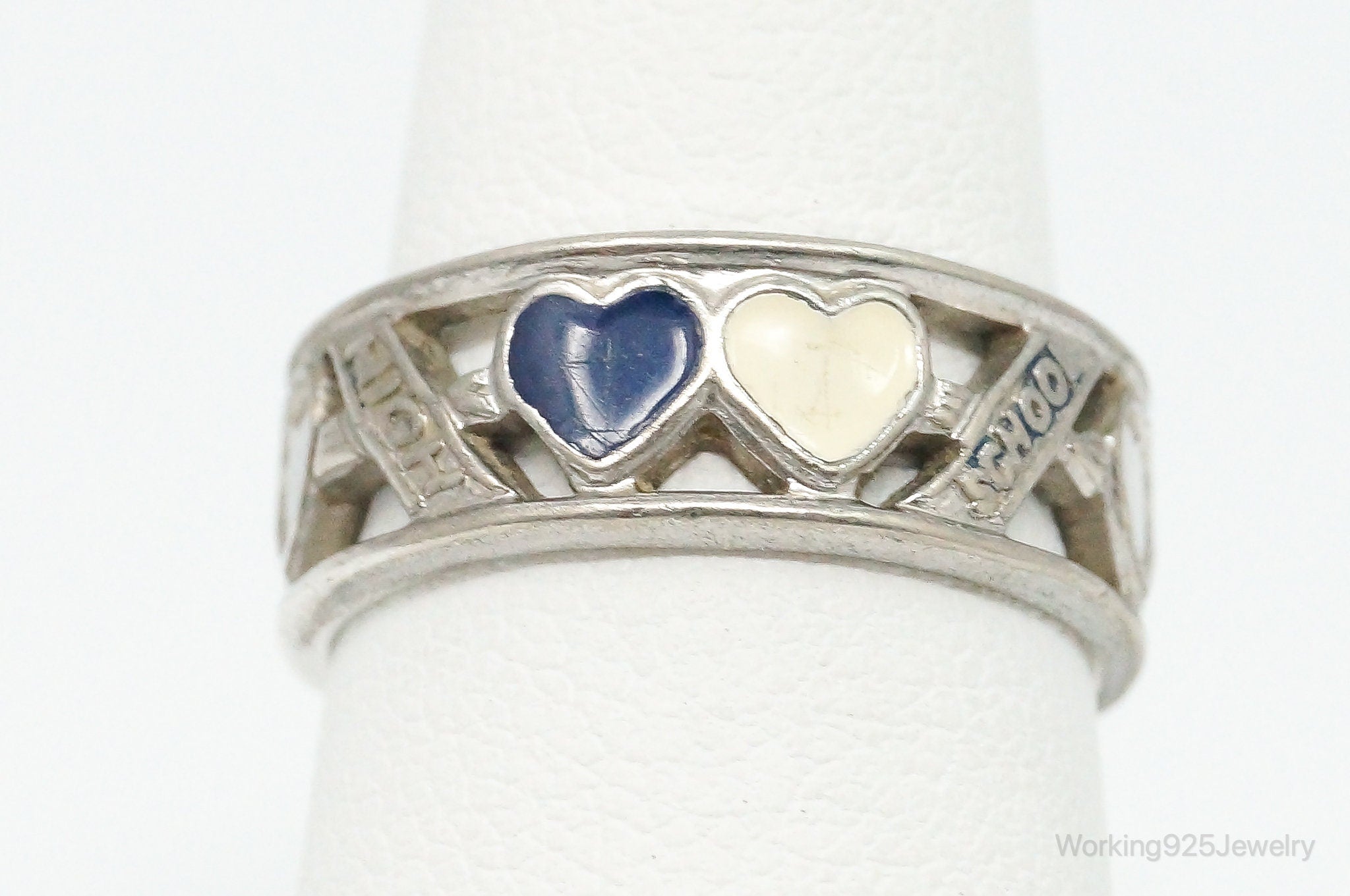 Antique Gainsboro Enamel Hearts High School Sterling Silver Ring - Size 6