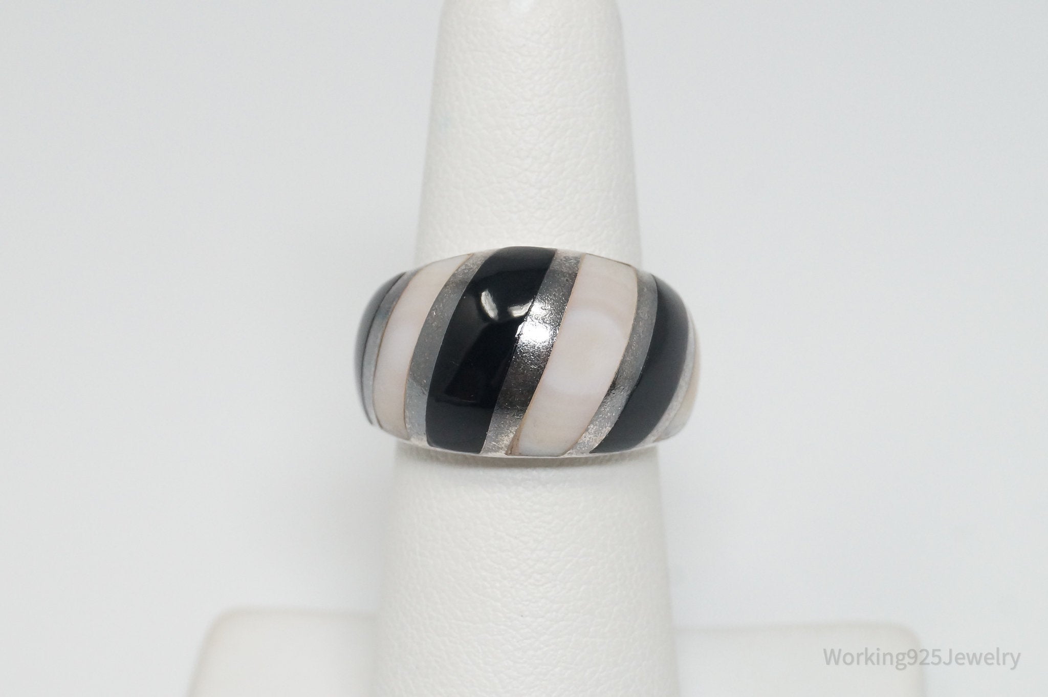 Vintage Mother Of Pearl Black Onyx Art Deco Style Sterling Silver Ring - SZ 5.75