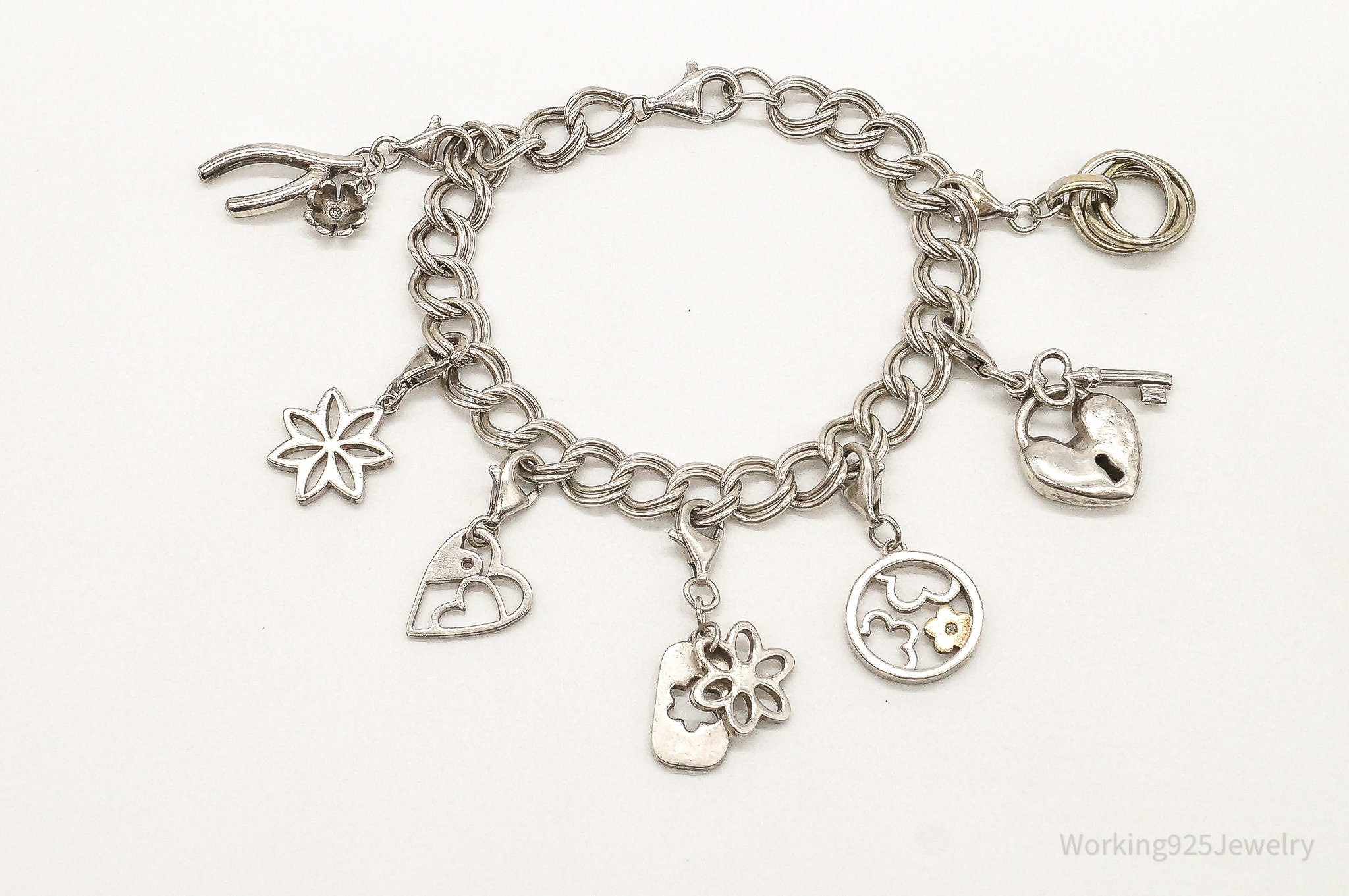 Vintage Hearts & Flowers Charms Diamond Sterling Silver Bracelet
