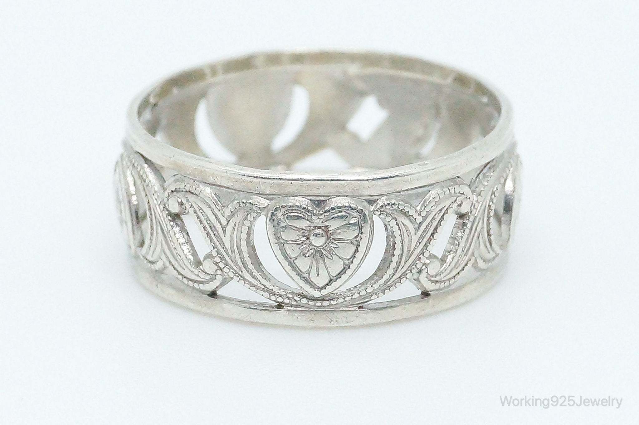 Antique Art Deco Hearts Sterling Silver Band Ring - Size 7.25