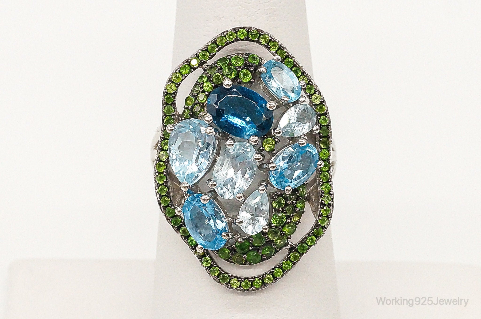 Designer PJM Blue Topaz Aquamarine Peridot Sterling Silver Ring - Size 6.25