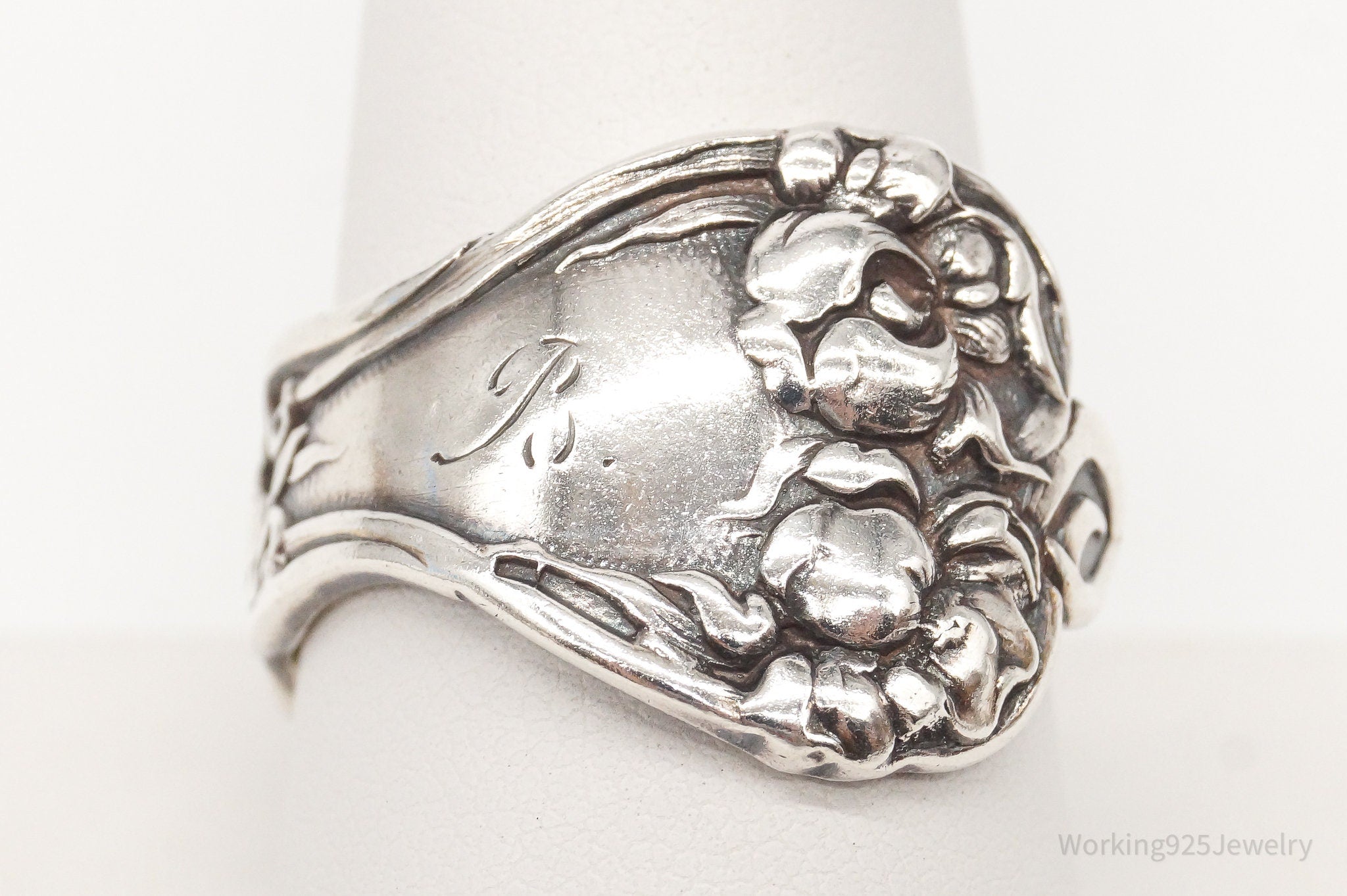 Antique B initial Art Nouveau Silver Spoon Ring Adjustable Size 9.5