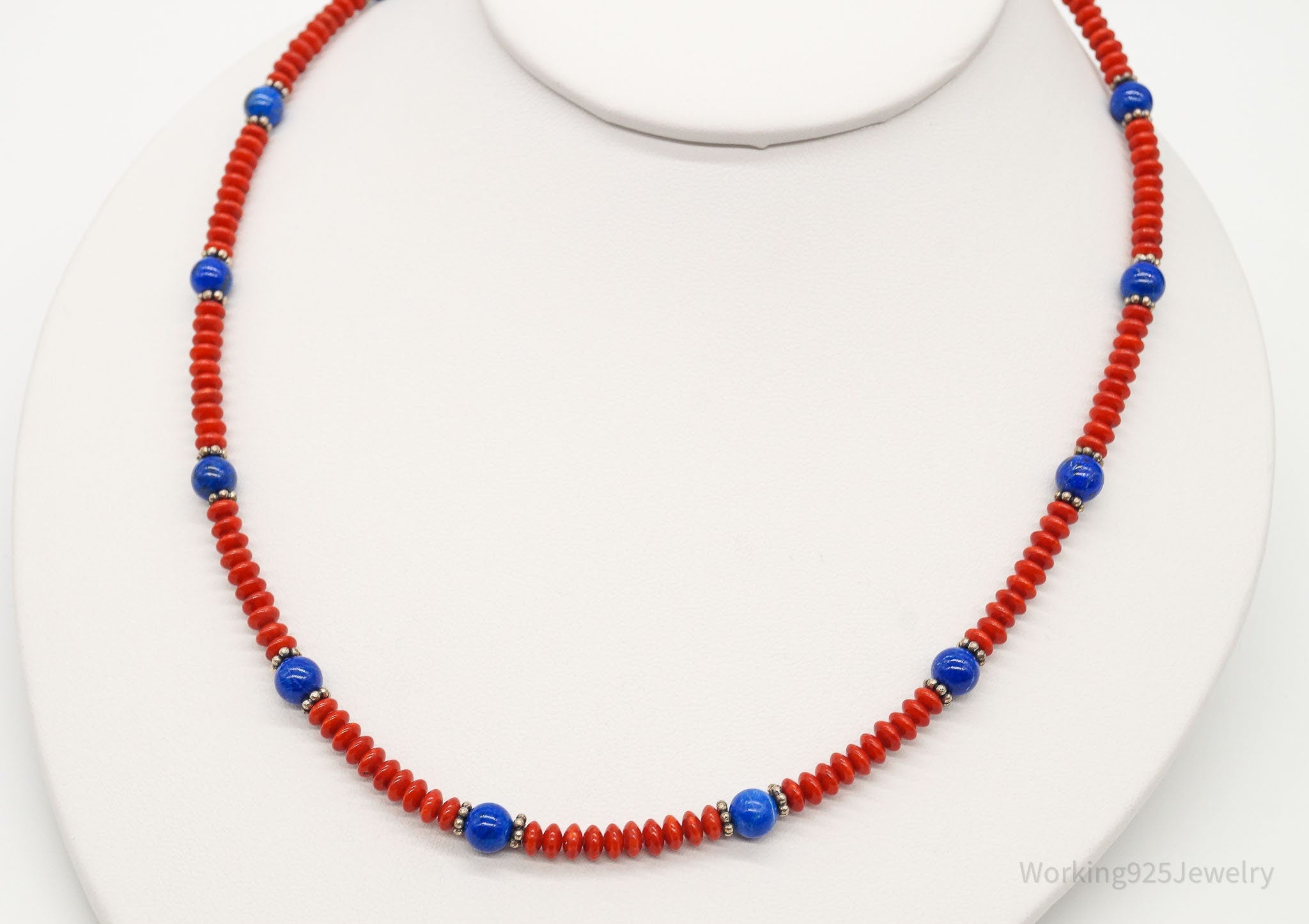 Handmade 925 sterling silver native necklace offers coral lapis stones