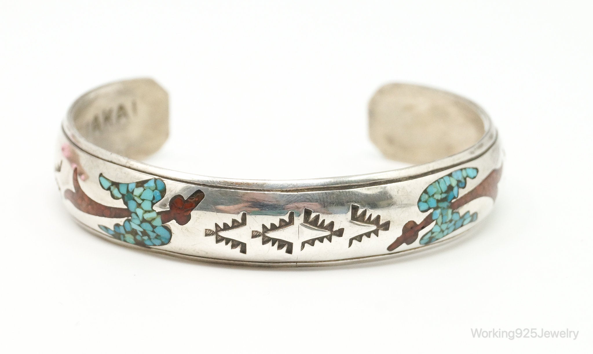 VTG Native American Nakai Turquoise Coral Handmade Sterling Silver Bracelet
