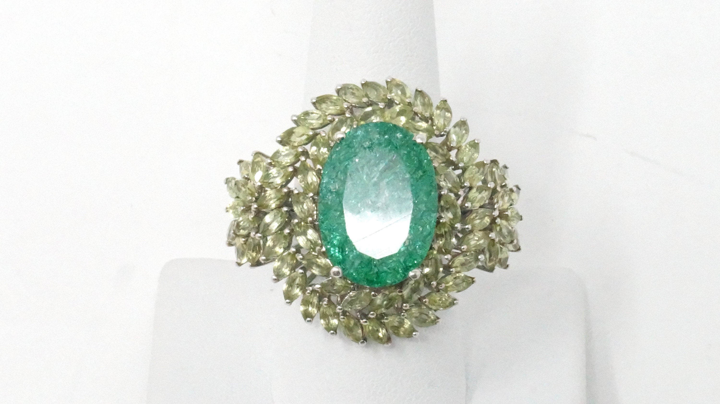 Vintage Emerald and Cubic Zirconia Sterling Silver Statement Ring - Size 9