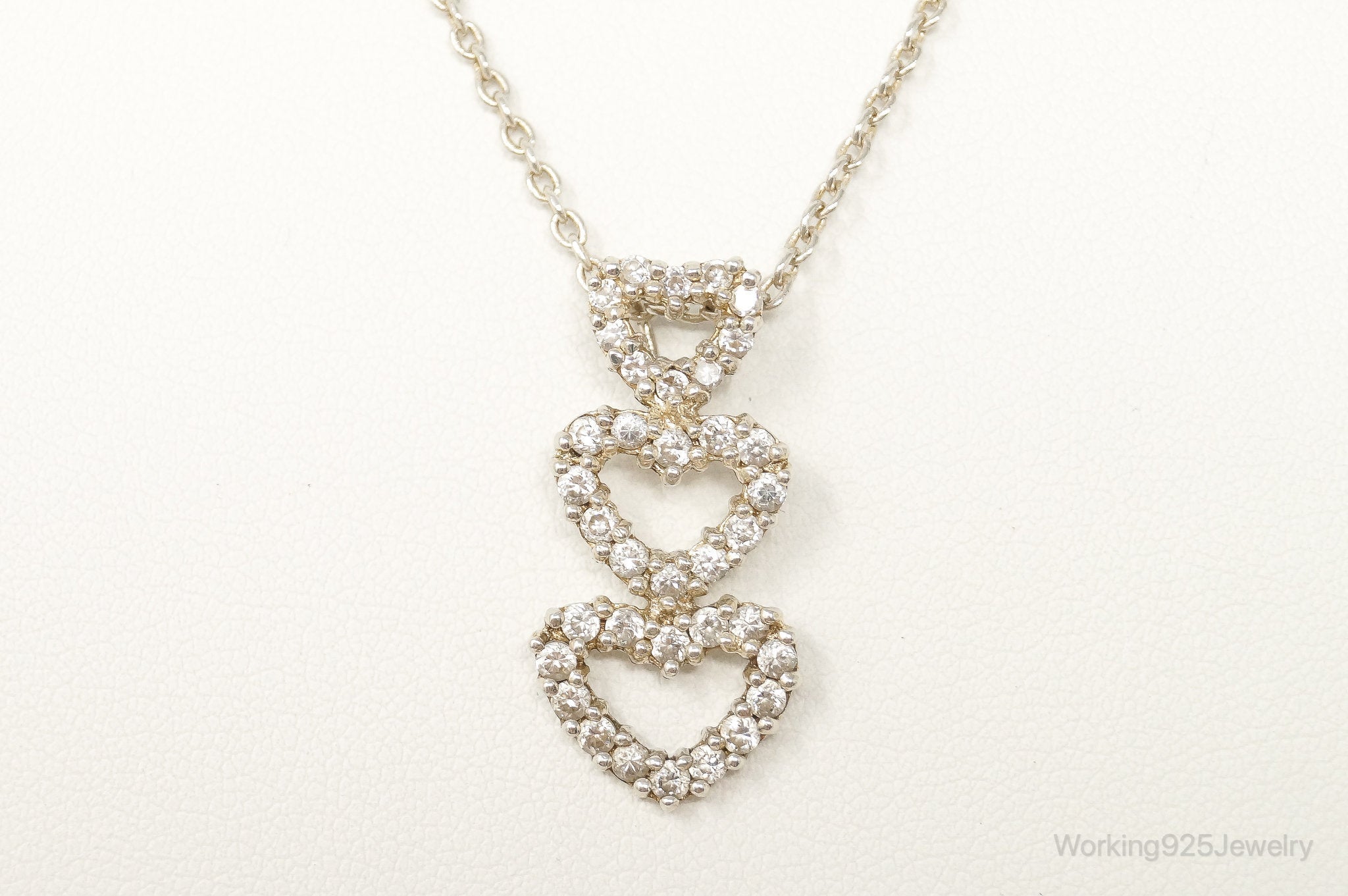 Vintage Open Hearts Cubic Zirconia Sterling Silver Necklace