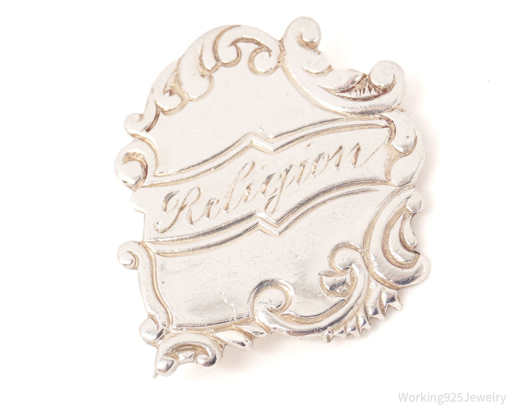 Antique "Religion" Silver Brooch Pin
