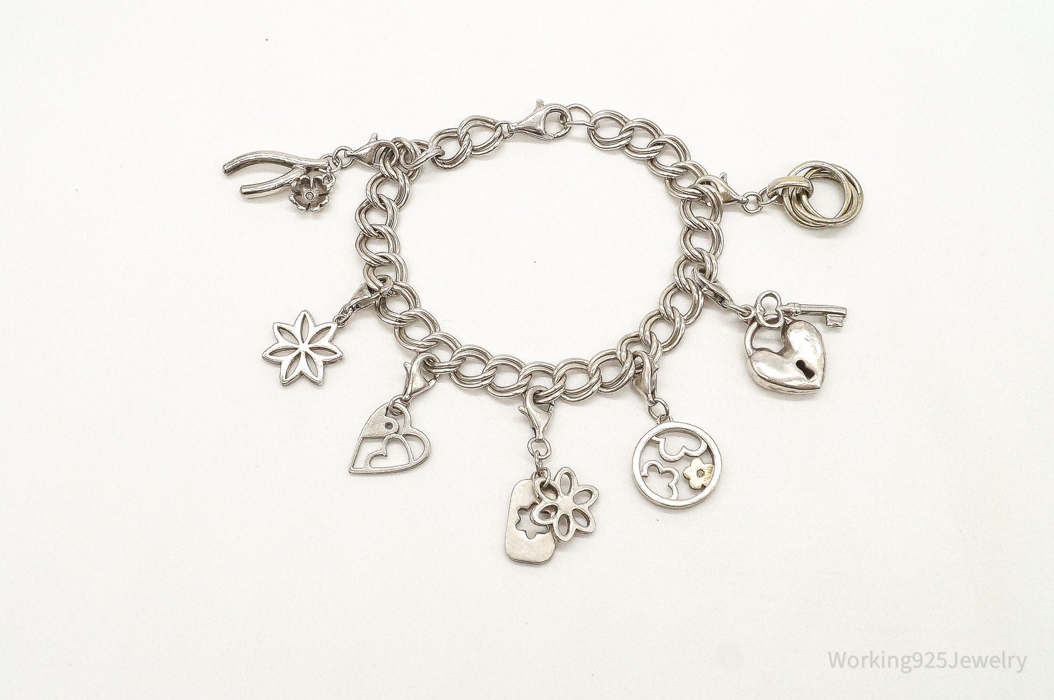 Vintage Hearts & Flowers Charms Diamond Sterling Silver Bracelet