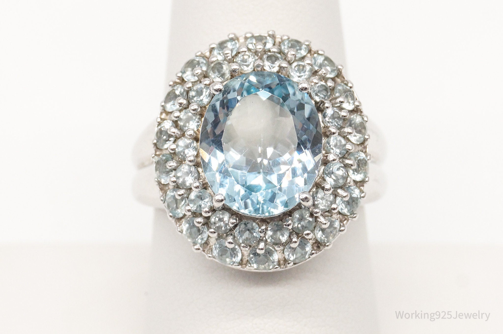 Vintage Designer Blue Topaz Aquamarine Sterling Silver Ring - Size 8