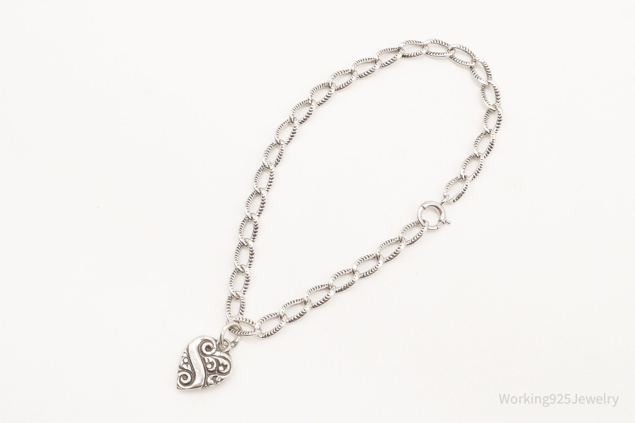 Antique Puffy Heart Charm Sterling Silver Charm Bracelet