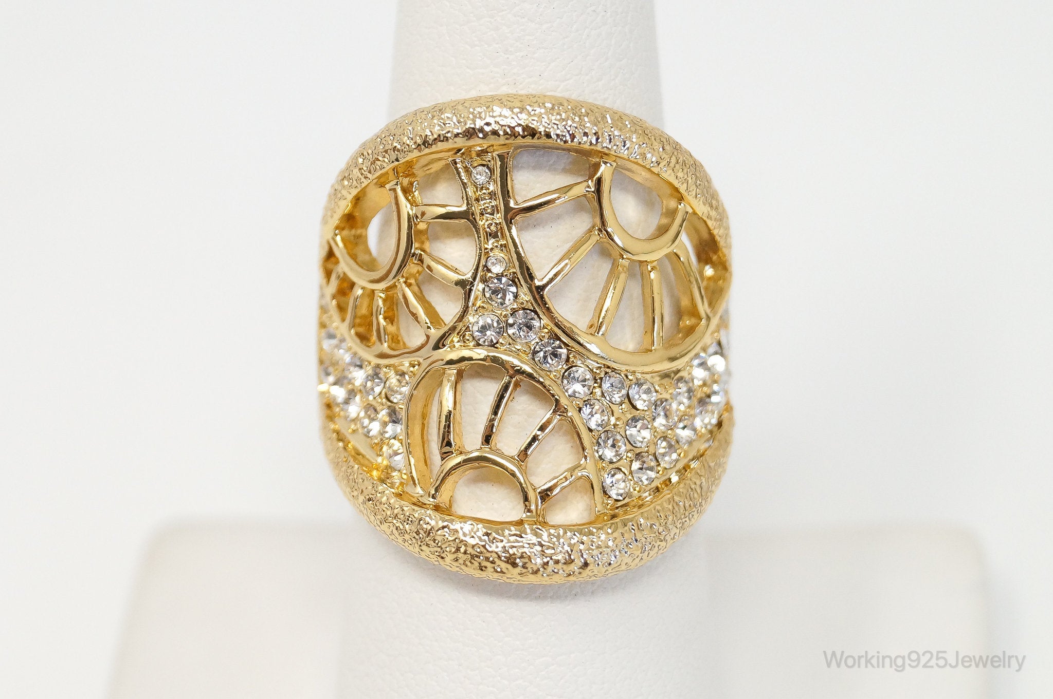 Vintage Golden Enamel Crystals Art Deco Costume Ring Size 7.25