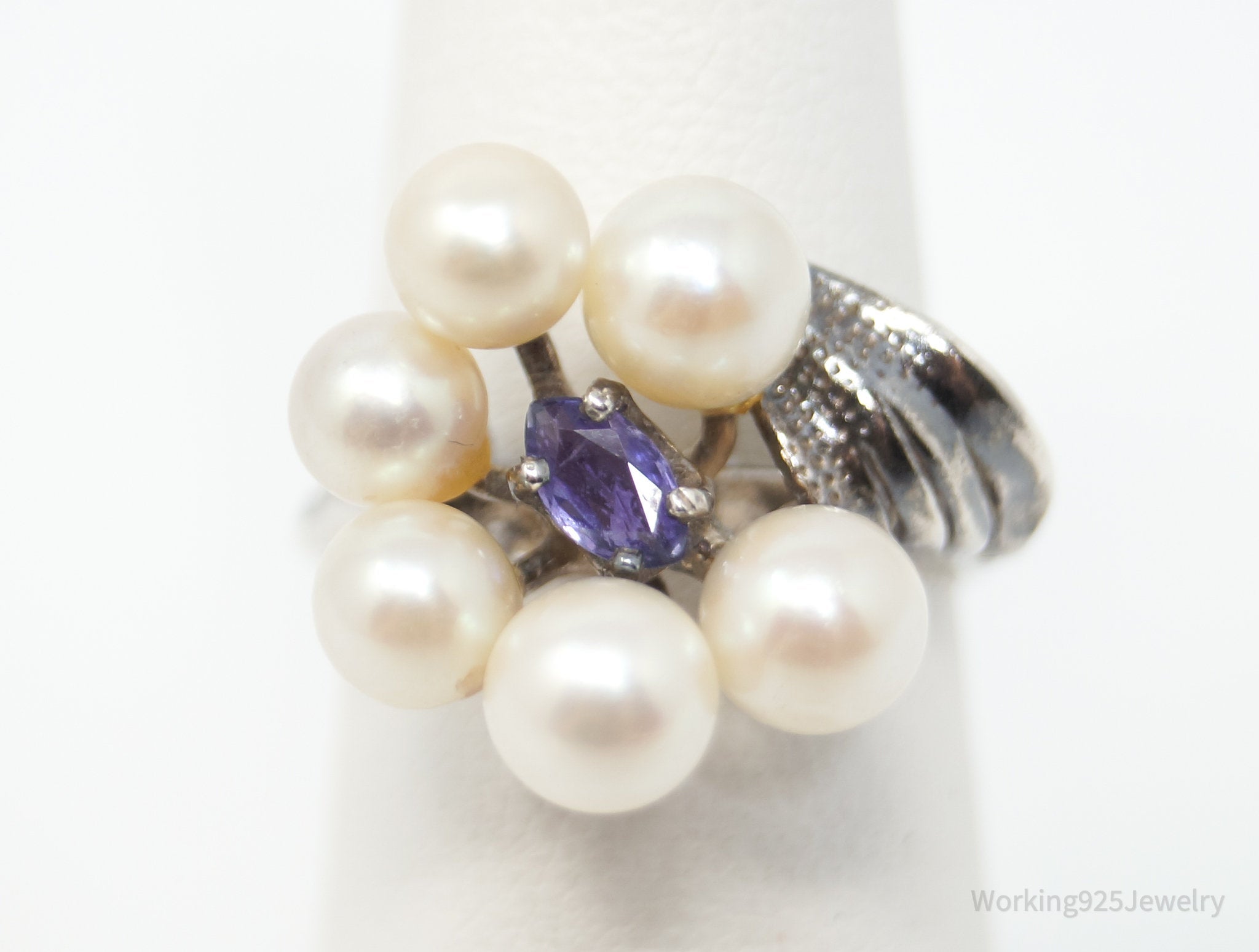 Antique Amethyst Pearl Sterling Silver Ring - Sz 6.25