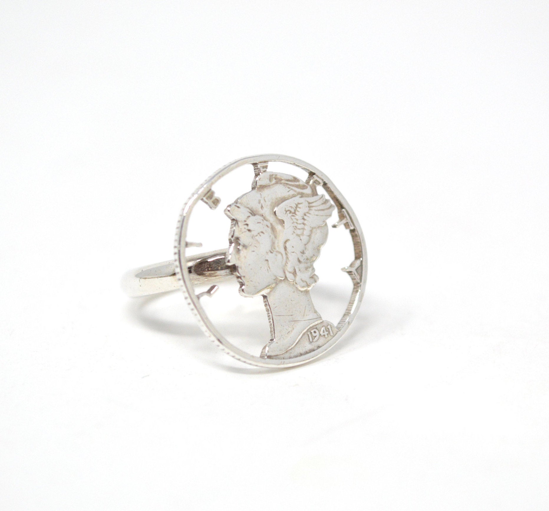 Antique 1941 Mercury Dime Sterling Silver Cutout Ring - Size 4.5 - Coin Jewelry