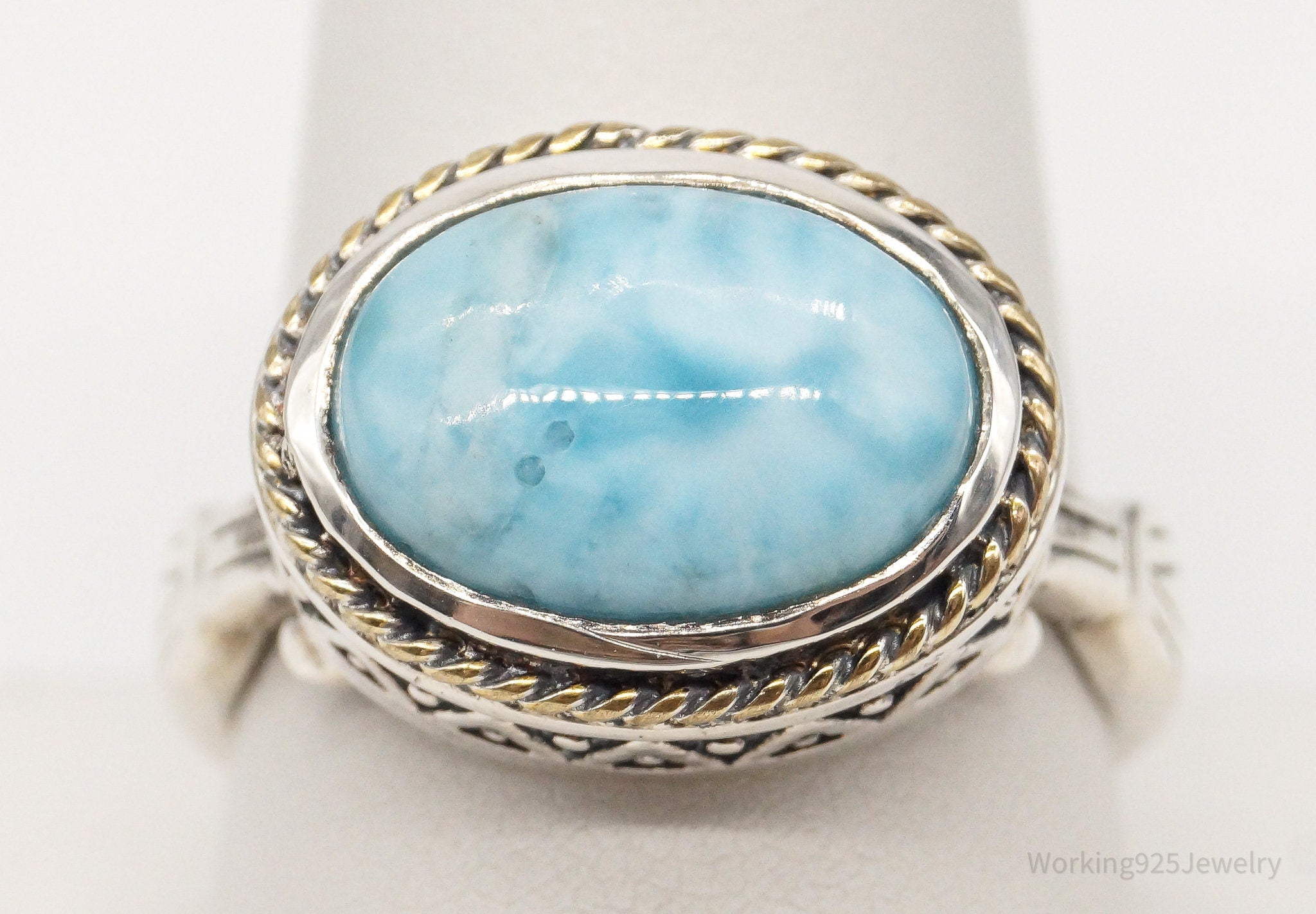 Vintage Ice Blue Larimar Brass Sterling Silver Ring - Size 10