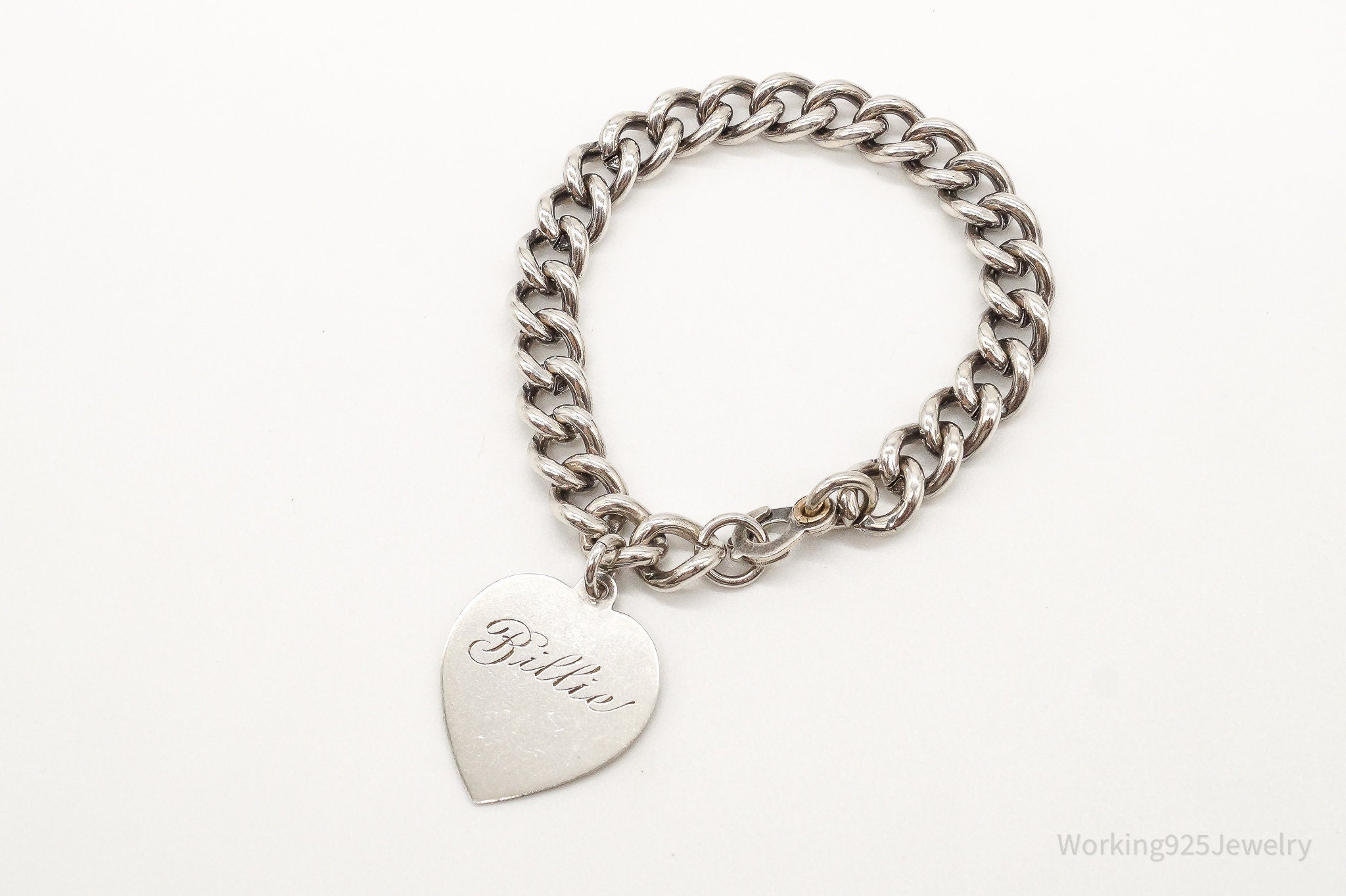 Antique Designer Heart Charm Lover Sterling Silver Chainlink Bracelet