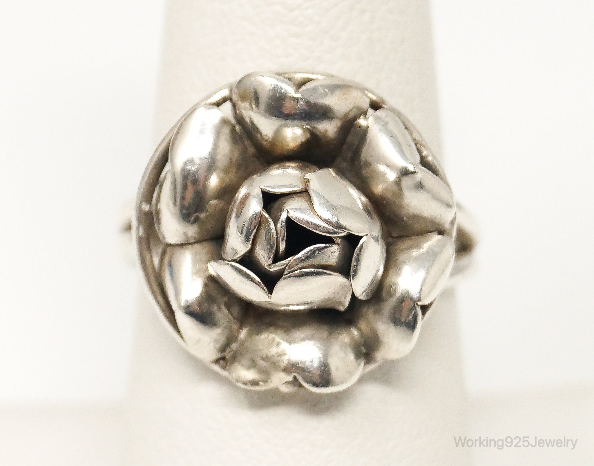 Vintage Handmade 3D Flower Sterling Silver Ring - Size 7.75