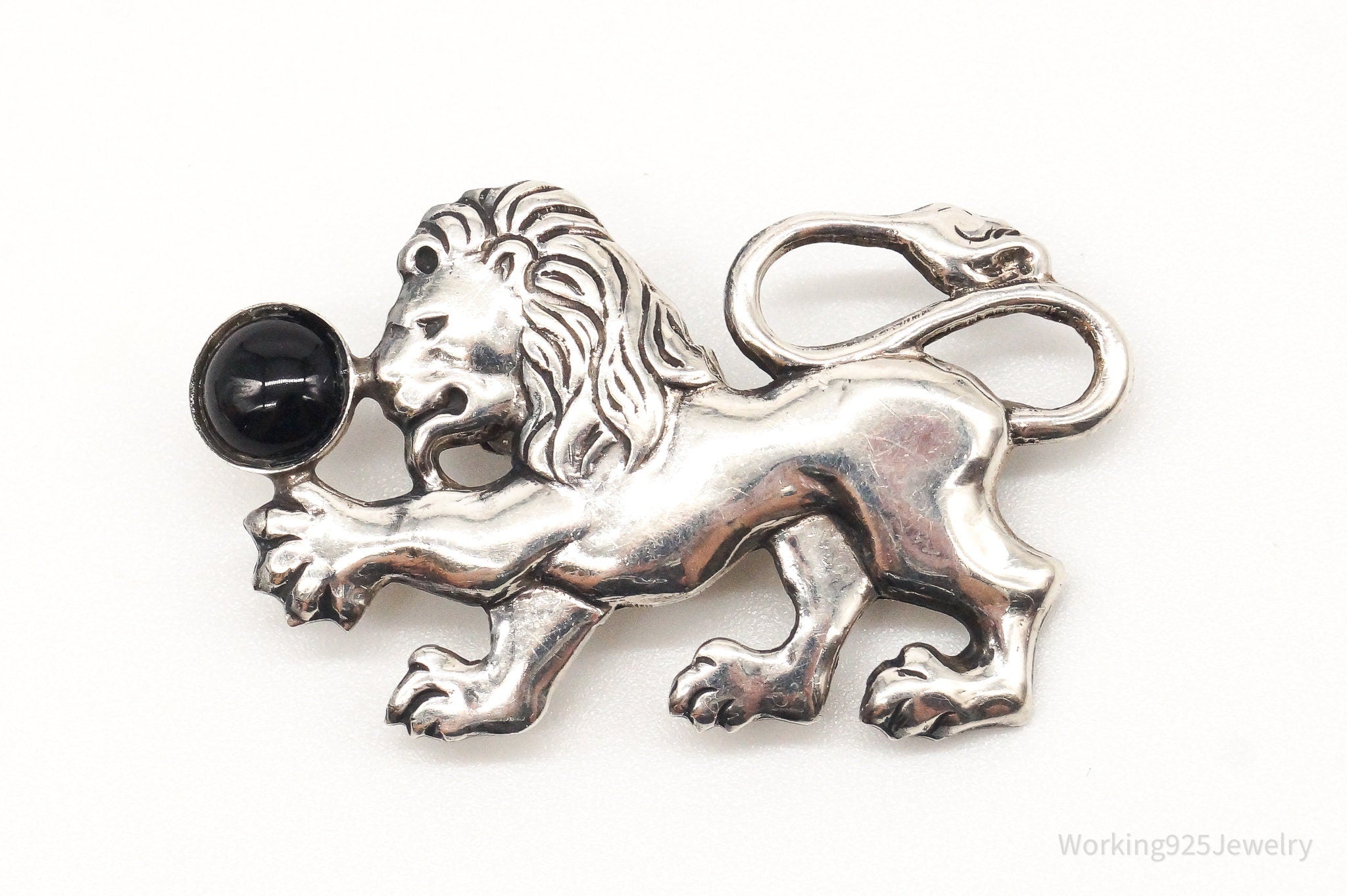 Antique Black Onyx Lion & Ball Silver Pin Brooch