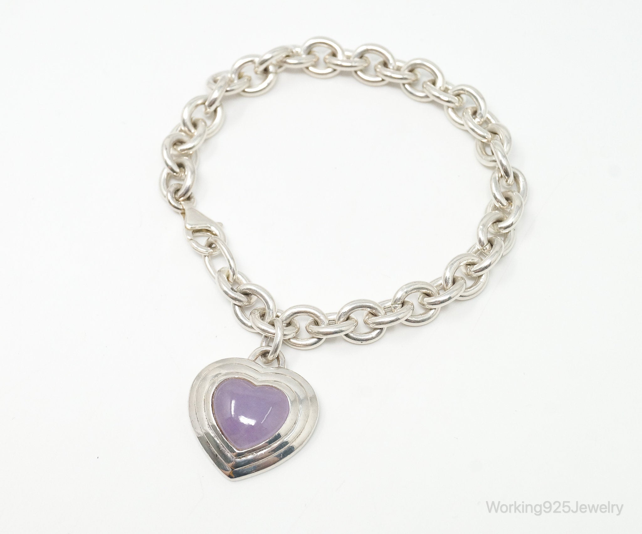 Designer CNA Purple Jade Heart Chain Link Sterling Silver Bracelet