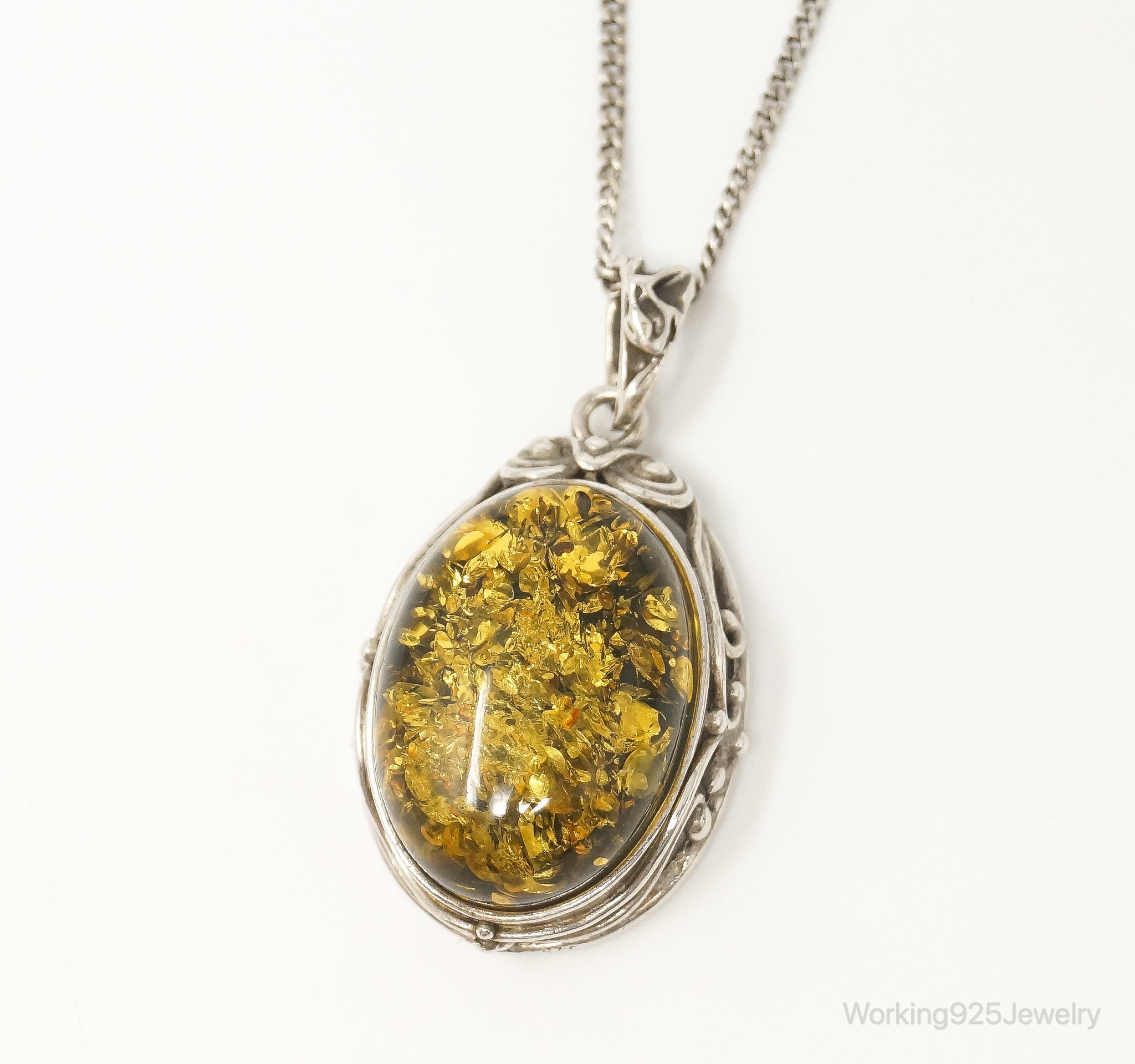 Vintage Large Honey Amber Modernist Sterling Silver Necklace