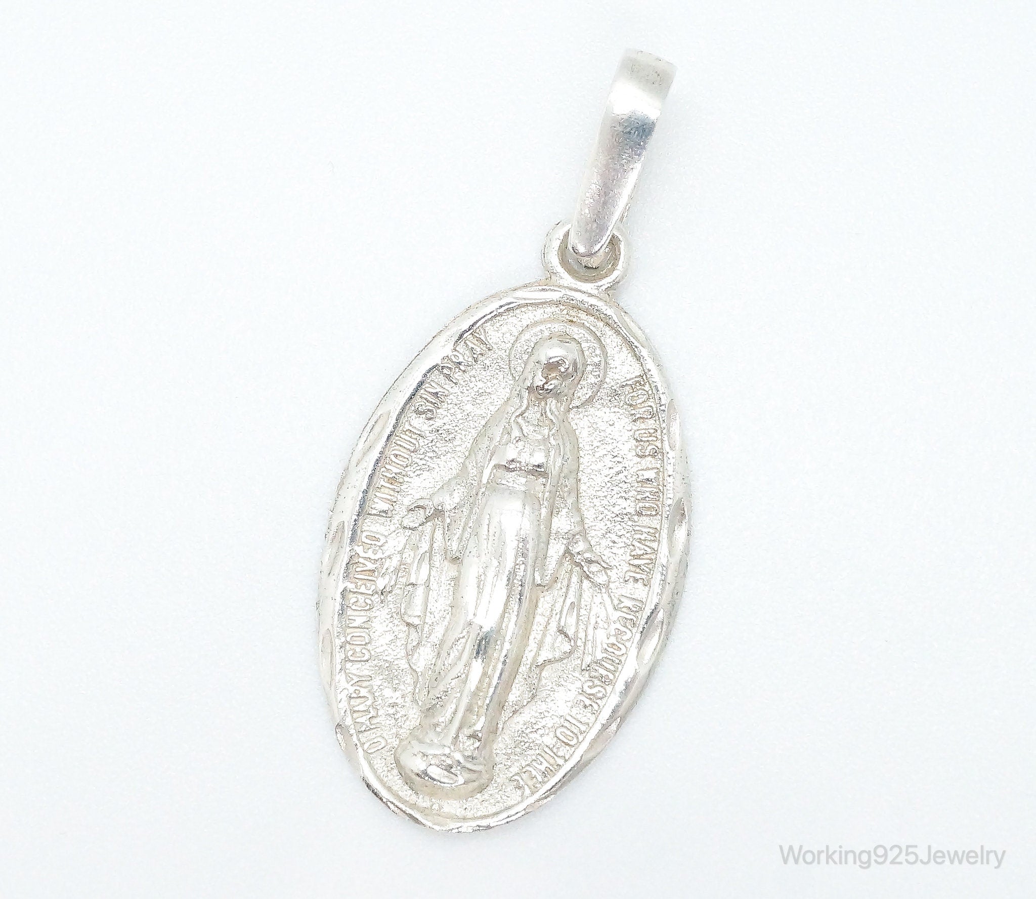 Antique Mary Pray For Us Sterling Silver Pendant Charm