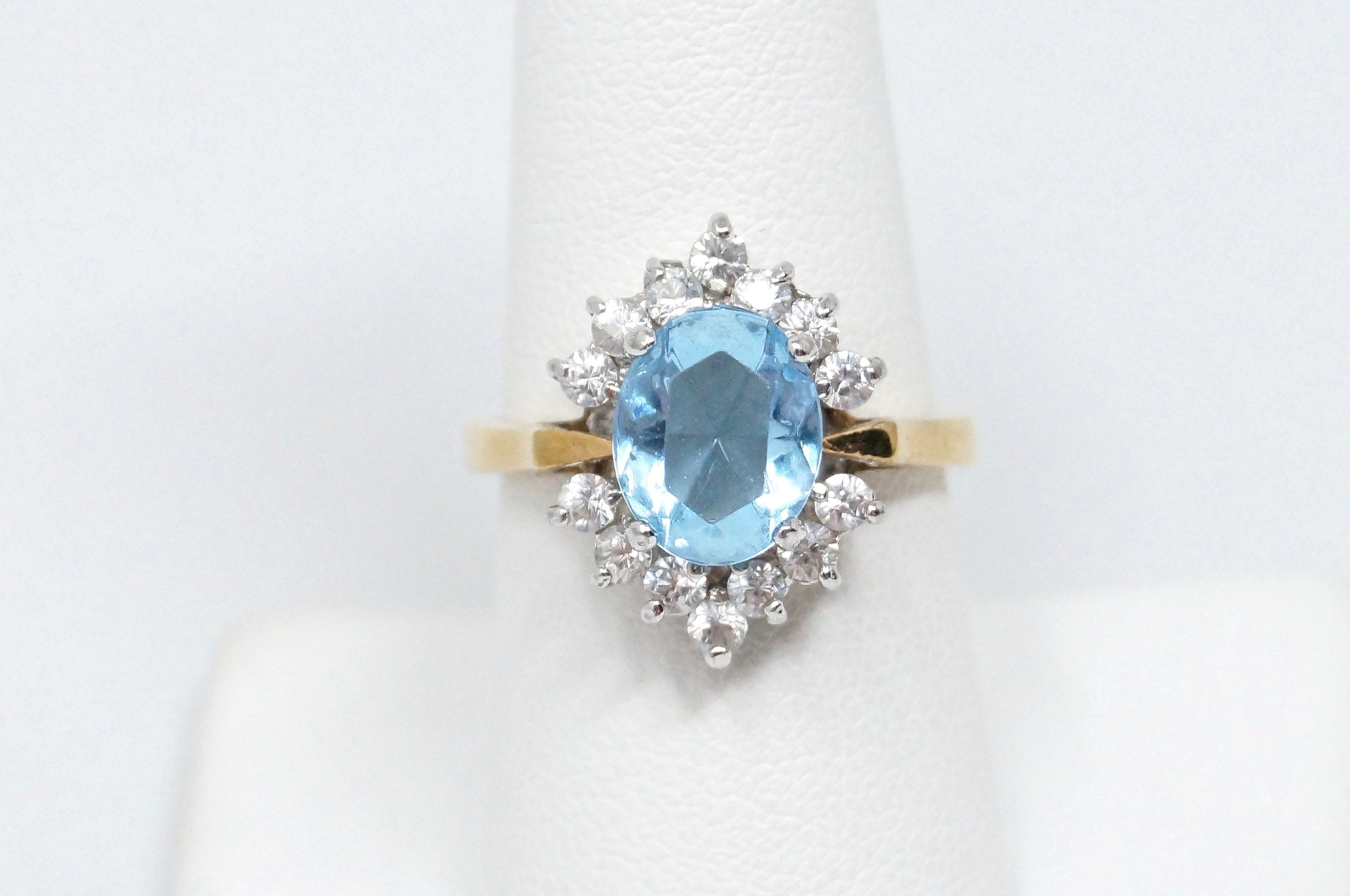 Vintage Designer Art Deco Blue Topaz CZ Accented Gold Vermeil Ring Sterling Sz 8