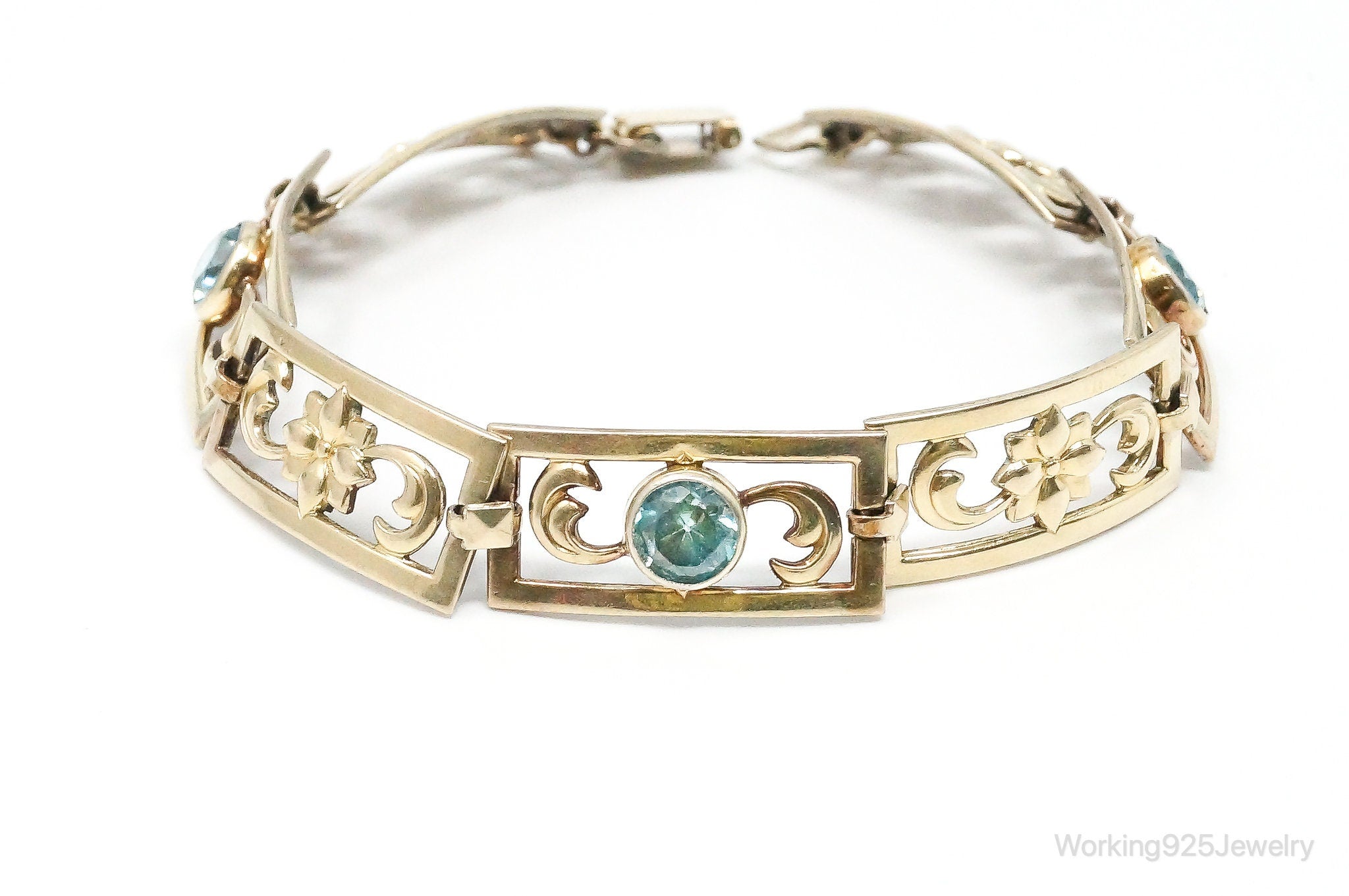 Vintage Designer Symmetalic 14K Gold Blue Topaz Art Deco SterlingSilver Bracelet