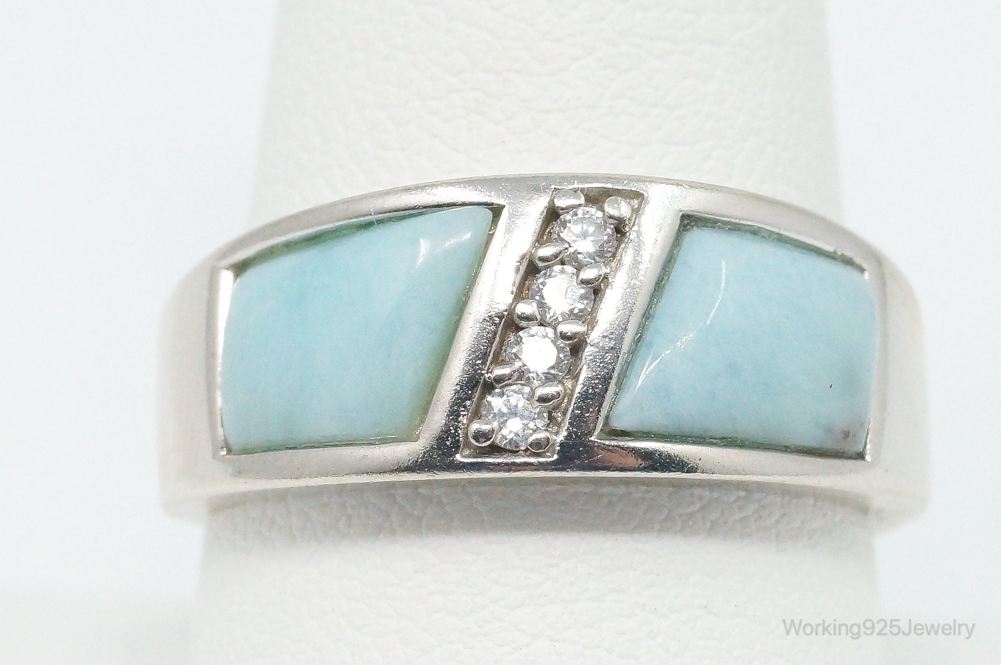 Vintage Blue Larimar Cubic Zirconia Sterling Silver Ring - Size 9.75