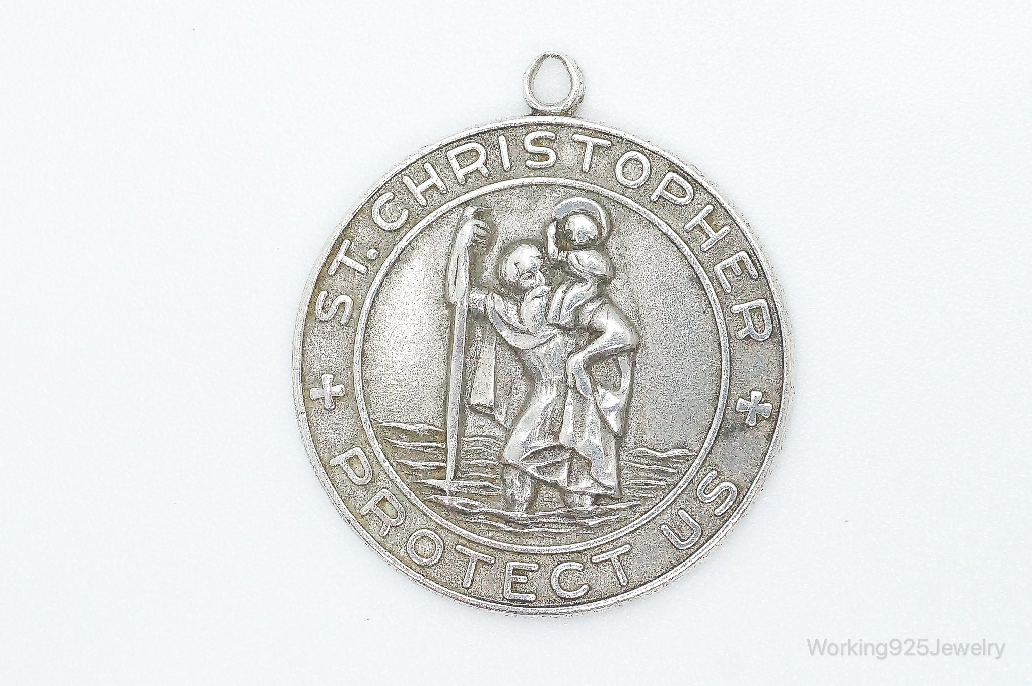 Vintage HBF Saint Christopher Protect Us Sterling Silver Pendant / Charm