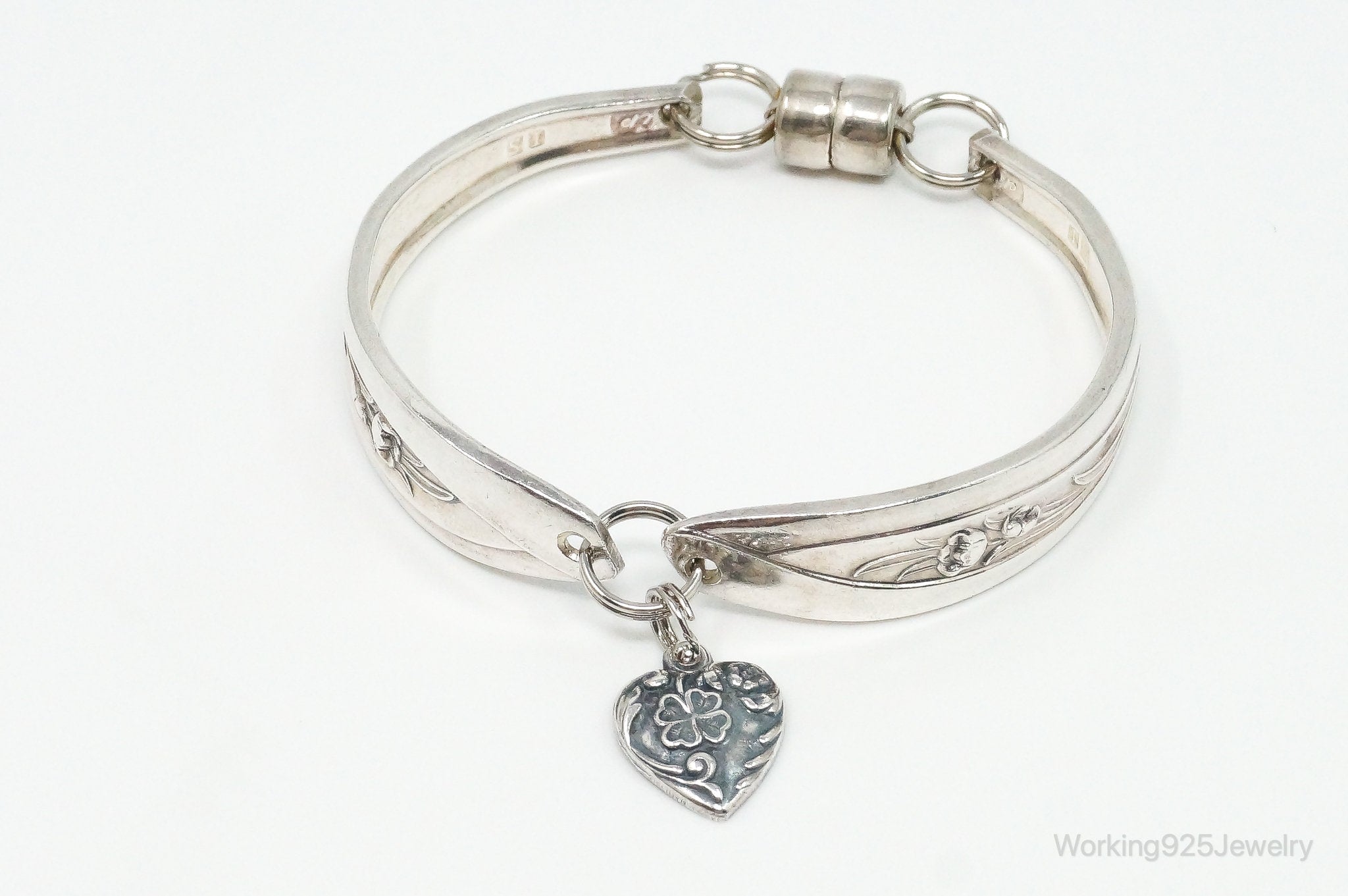 Antique Puffy Heart Charm Spoon Sterling Silver Magnetic Bracelet