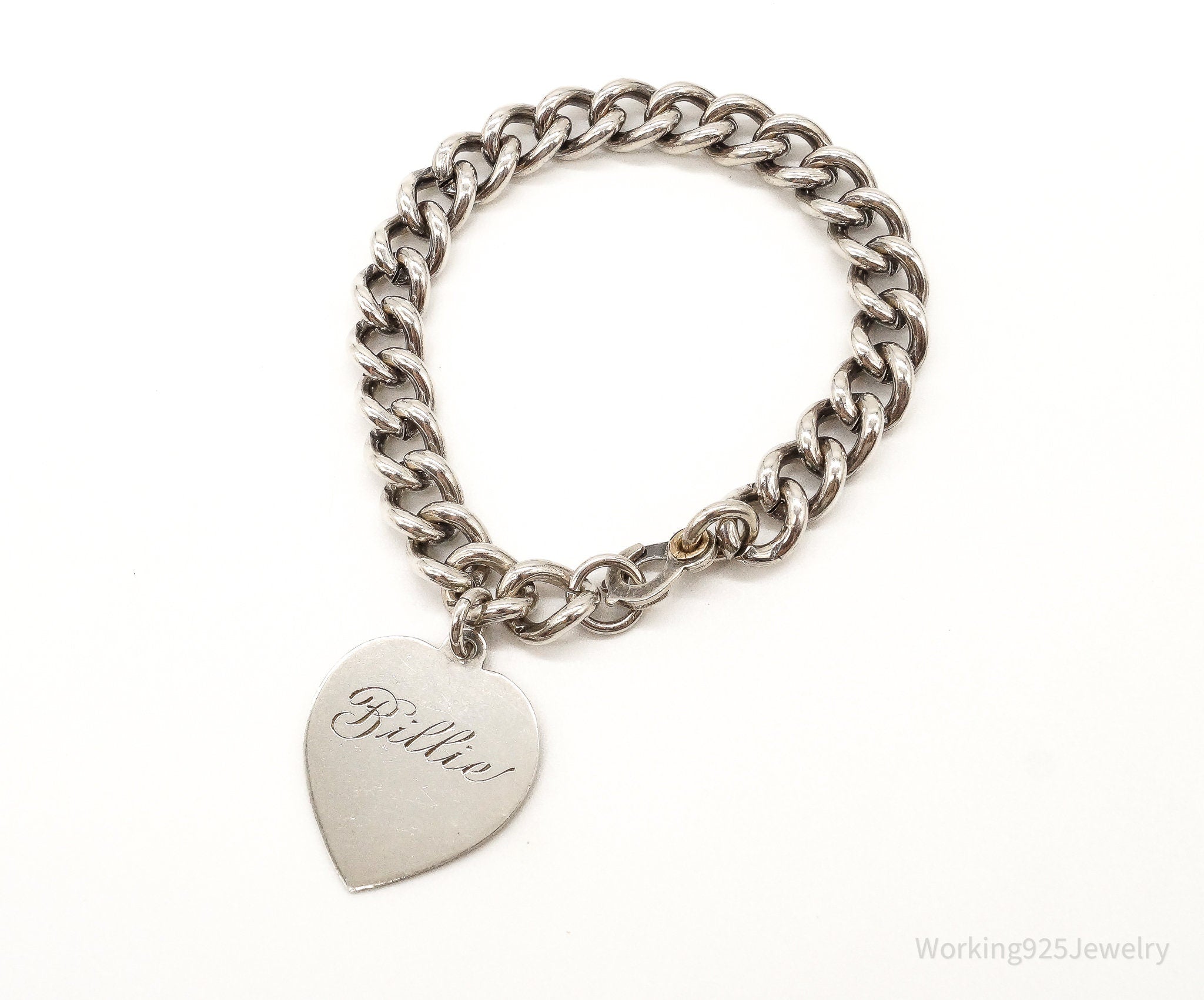 Antique Designer Heart Charm Lover Sterling Silver Chainlink Bracelet