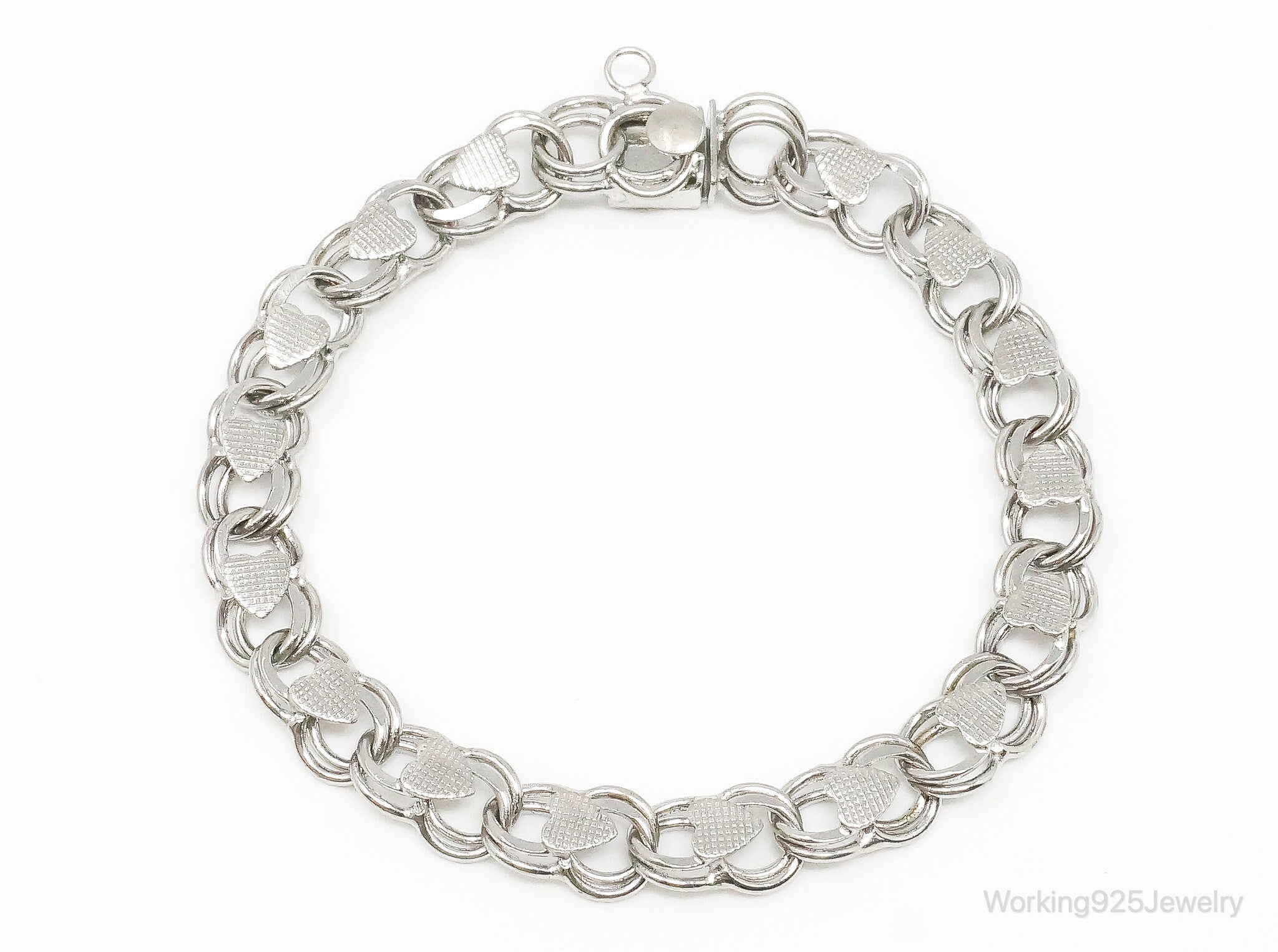Antique Hearts Chain Link Charm Sterling Silver Bracelet