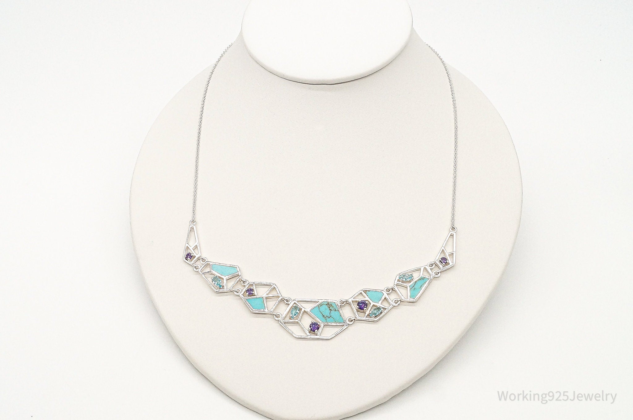 Amethyst Blue Topaz Turquoise Modernist Sterling Silver Necklace
