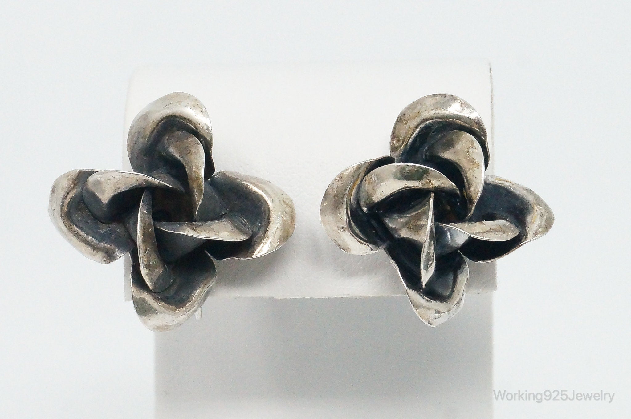 Antique Flowers Sterling Silver Screw Back Earrings