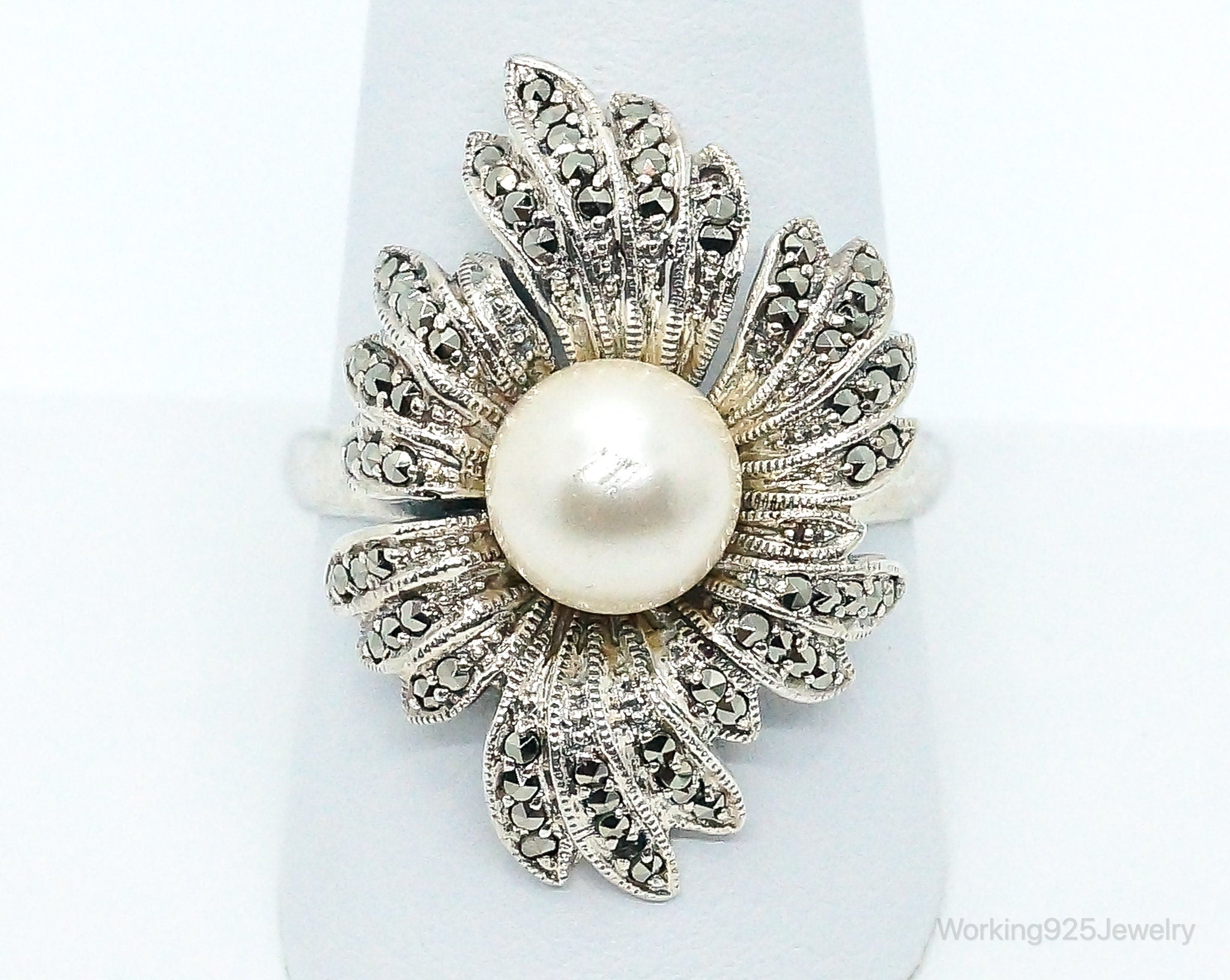 Sterling Silver Marcasite and authentic Faux Pearl Brooch