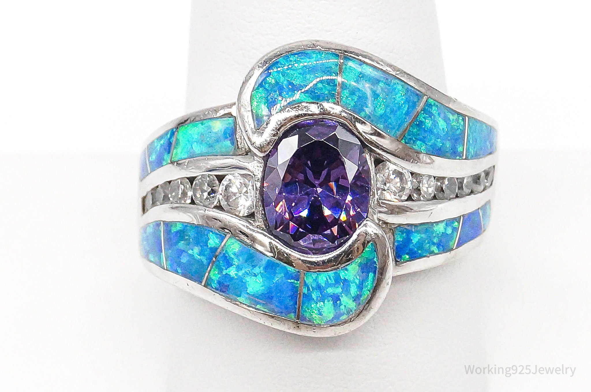 Amethyst Opal Cubic Zirconia Sterling Silver Ring - Size 10.5
