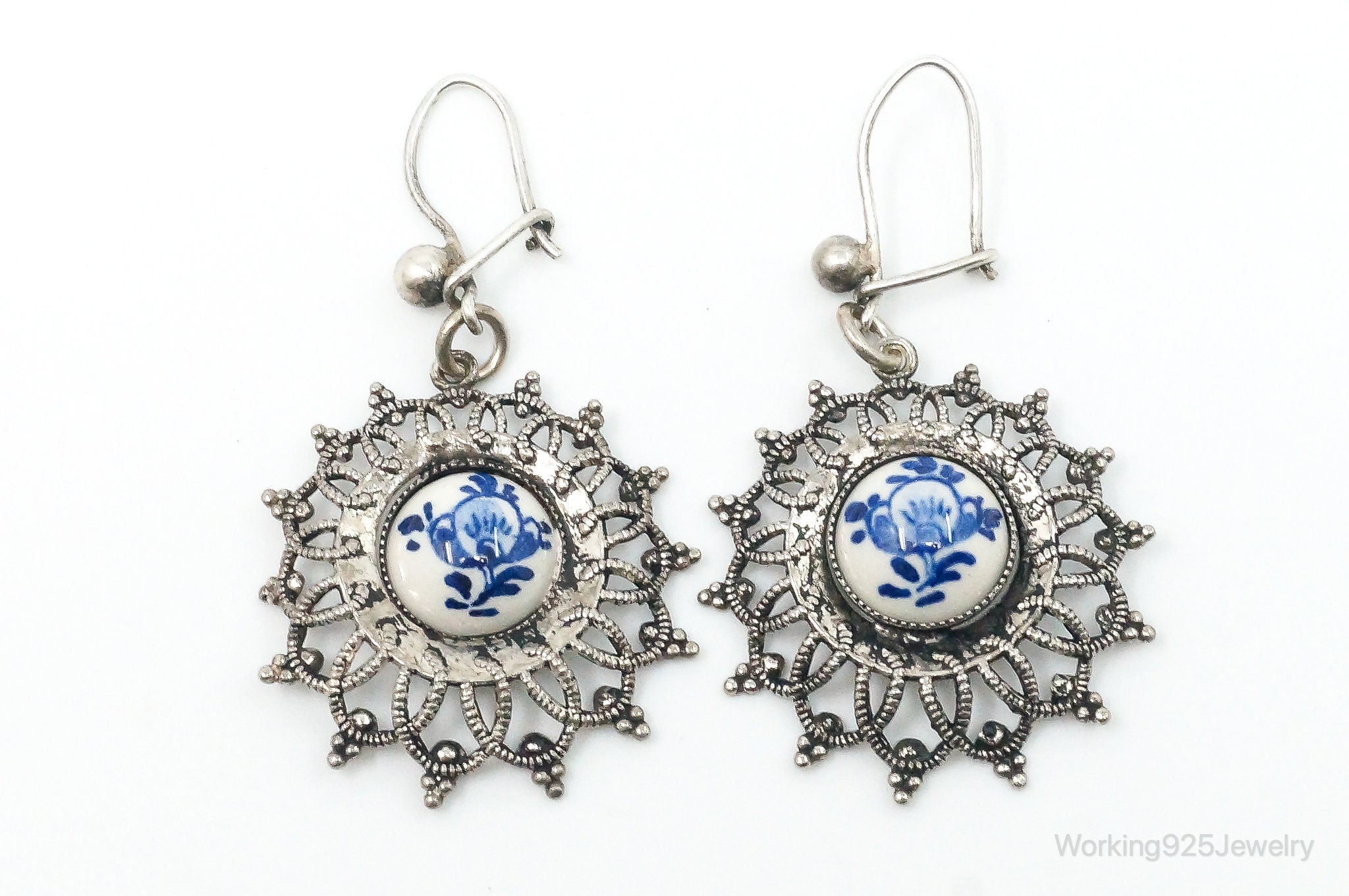 Antique Blue And White Porcelain Floral Pattern Silver Earrings