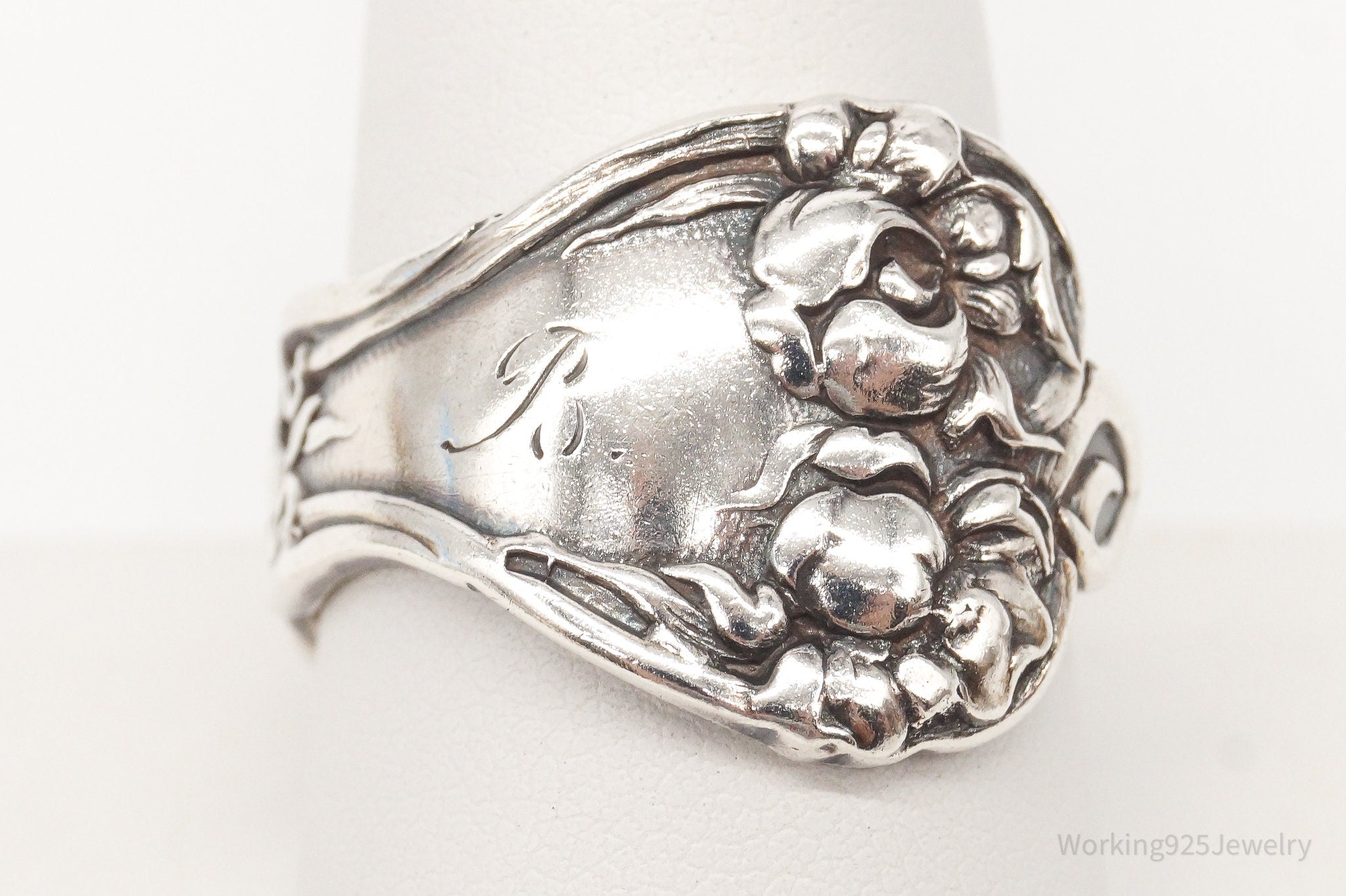 Antique B initial Art Nouveau Silver Spoon Ring Adjustable Size 9.5