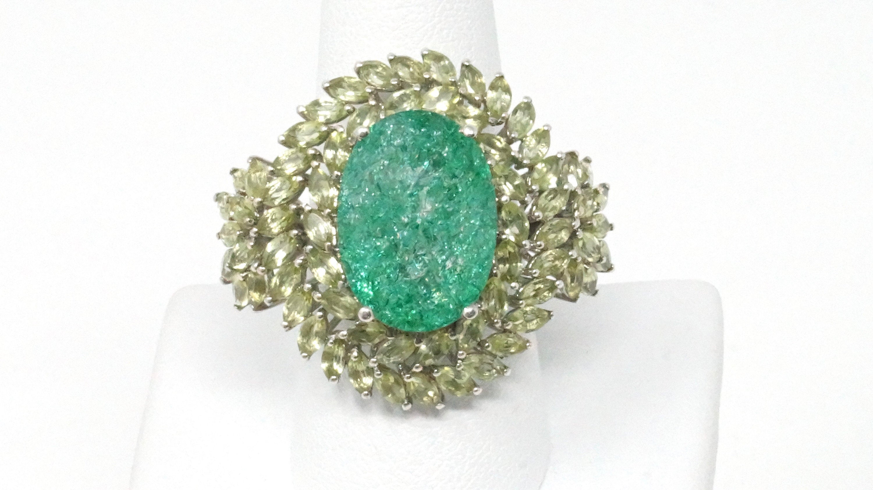 Vintage Emerald and Cubic Zirconia Sterling Silver Statement Ring - Size 9