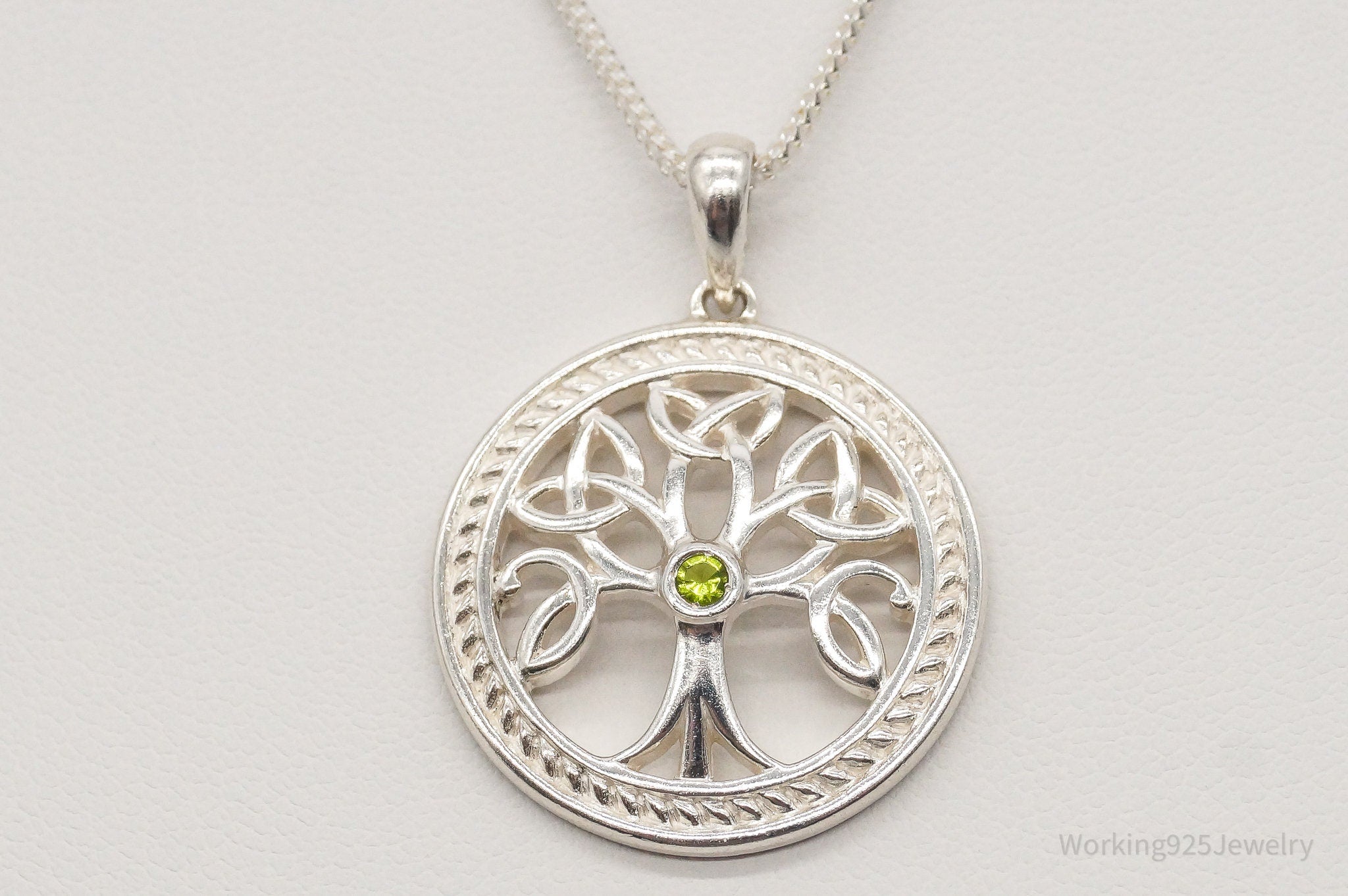 Vintage Designer Solvar Peridot Celtic Tree of Life Sterling Silver Necklace