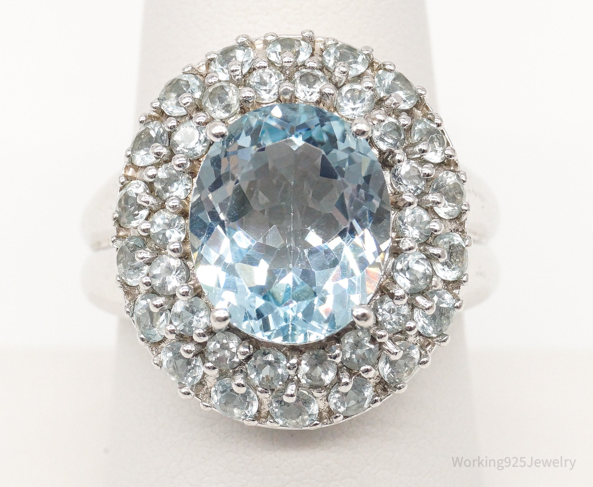 Vintage Designer Blue Topaz Aquamarine Sterling Silver Ring - Size 8