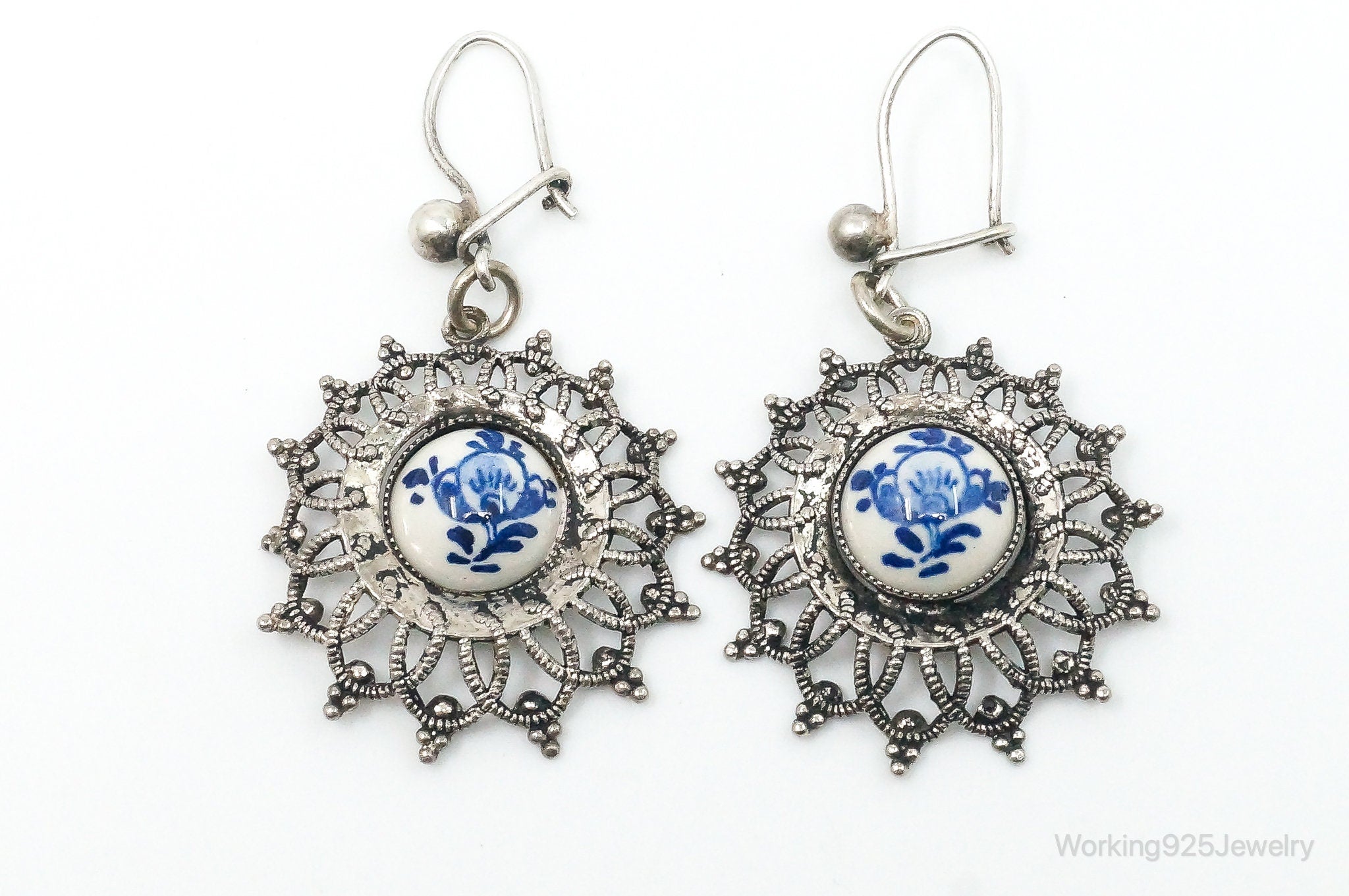 Antique Blue And White Porcelain Floral Pattern Silver Earrings