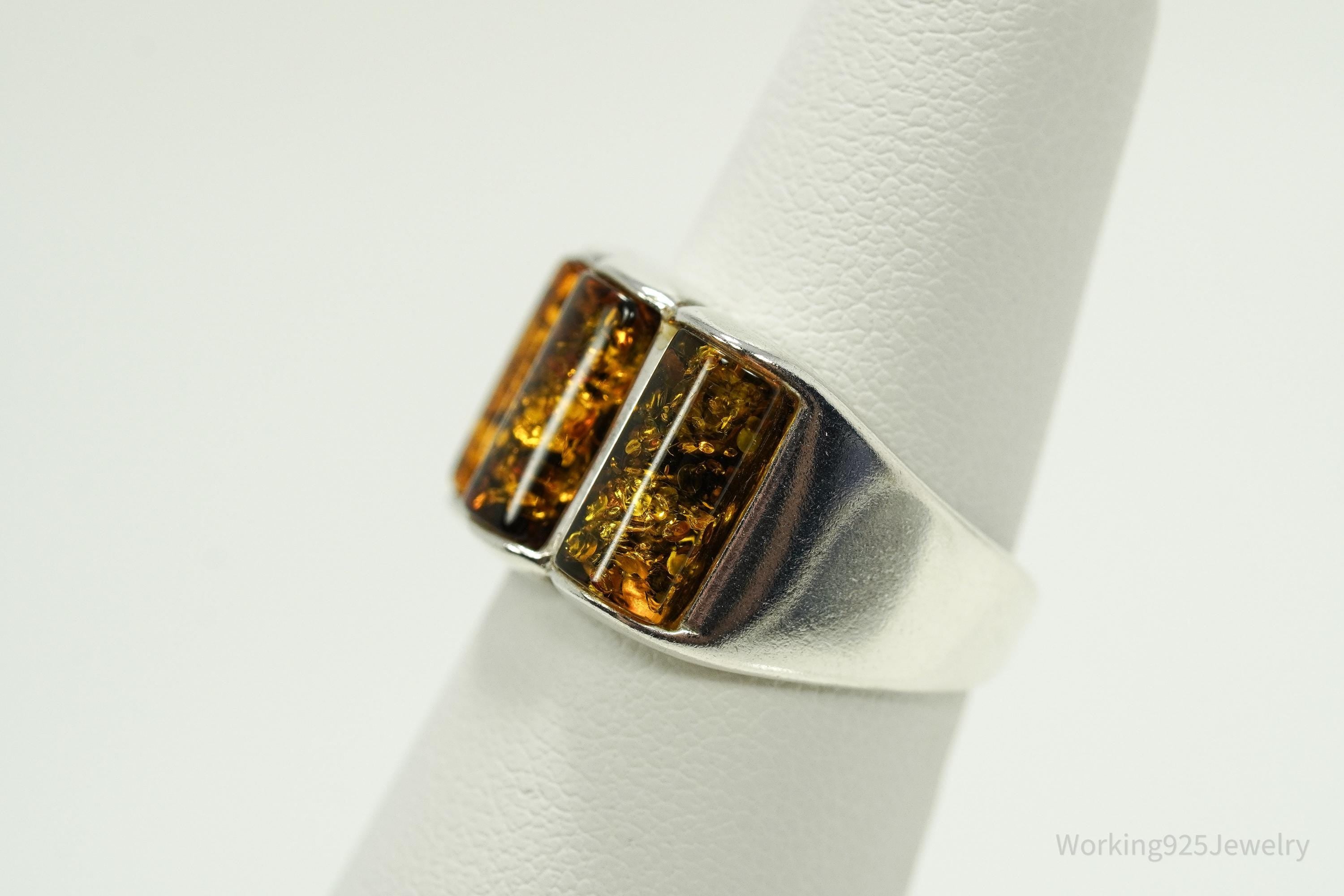 Vintage Amber Modernist Style Sterling Silver Ring - Size 6
