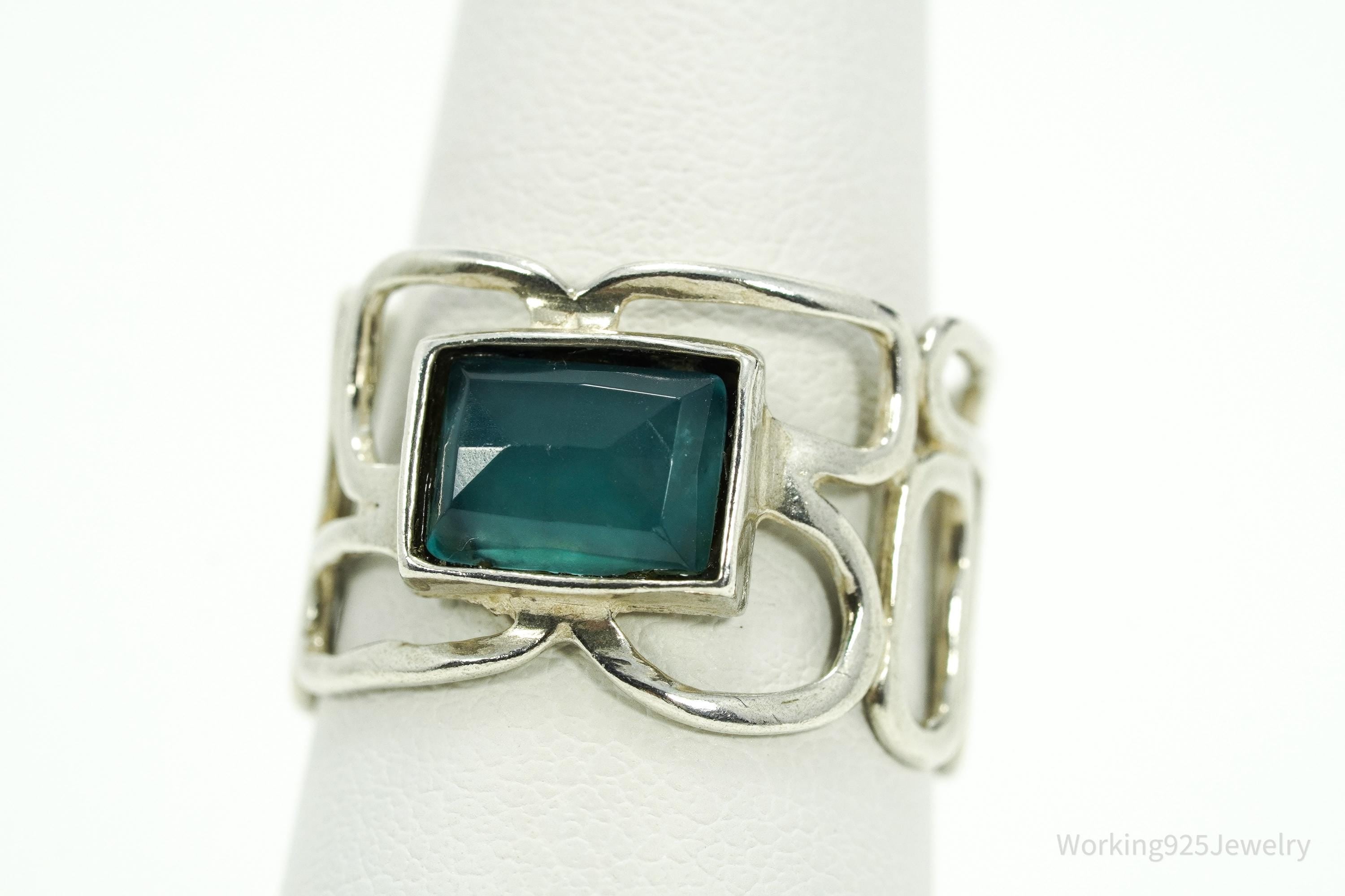 Vintage Teal Chalcedony Modernist Style Sterling Silver Ring - Size 6.75
